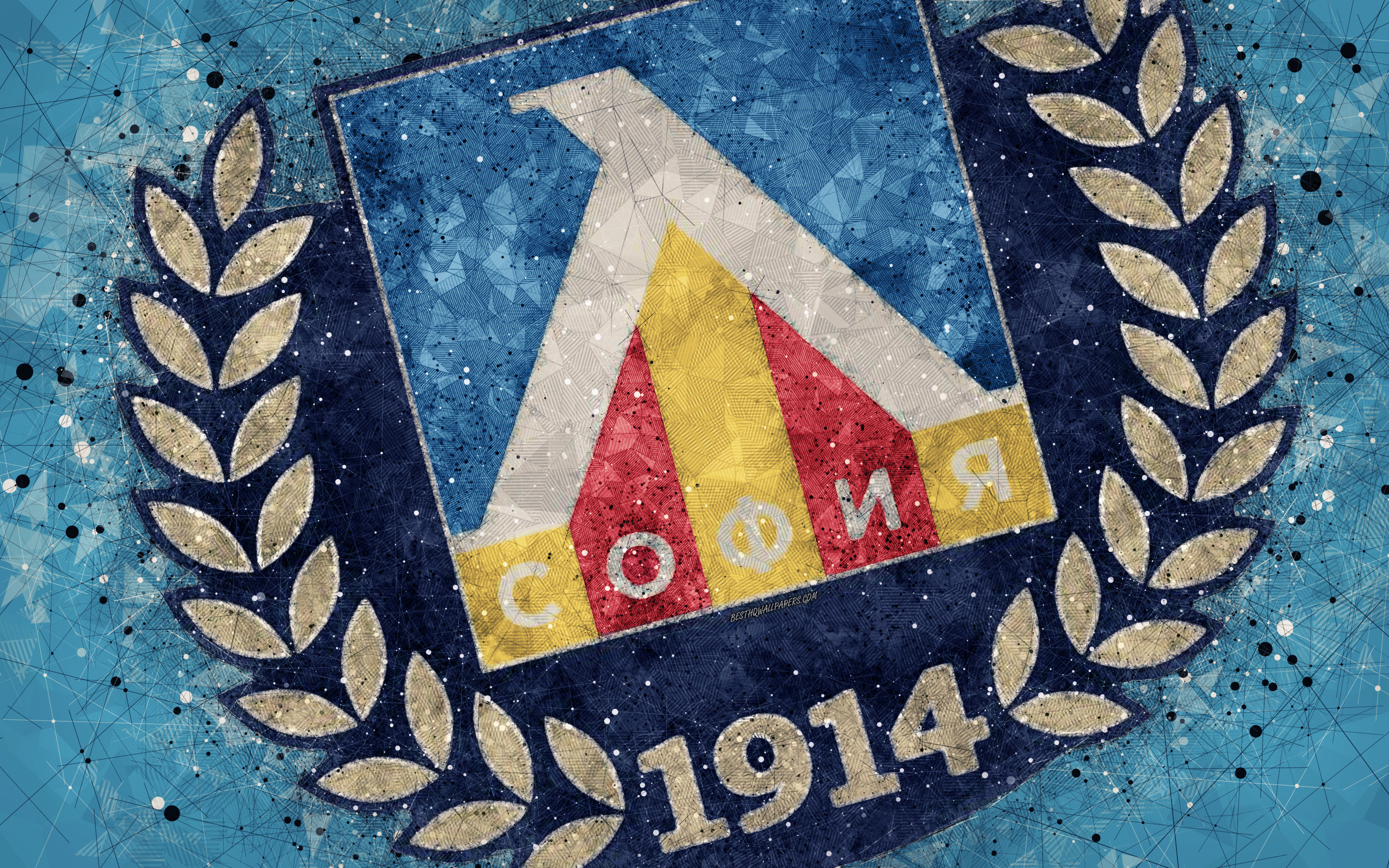 Download wallpaper PFC Levski Sofia, 4k, geometric art, logo, Bulgarian football club, blue background, Parva Liga, Sofia, Bulgaria, football, creative art, First Professional Football League for desktop with resolution 3840x2400. High Quality