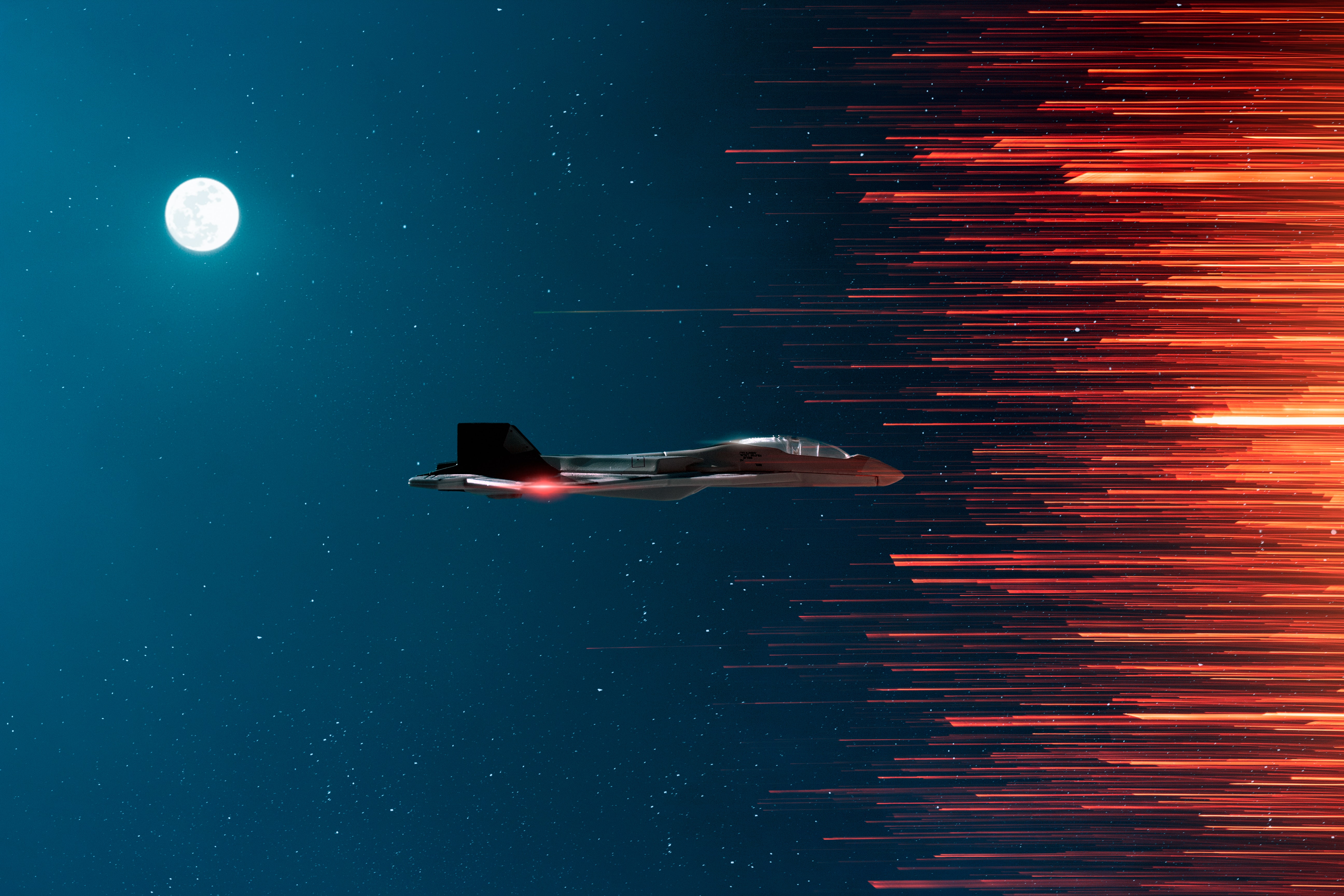 Fighter aircraft Wallpaper 4K, Full moon, Outer space, Orange Teal, Night time, Fantasy