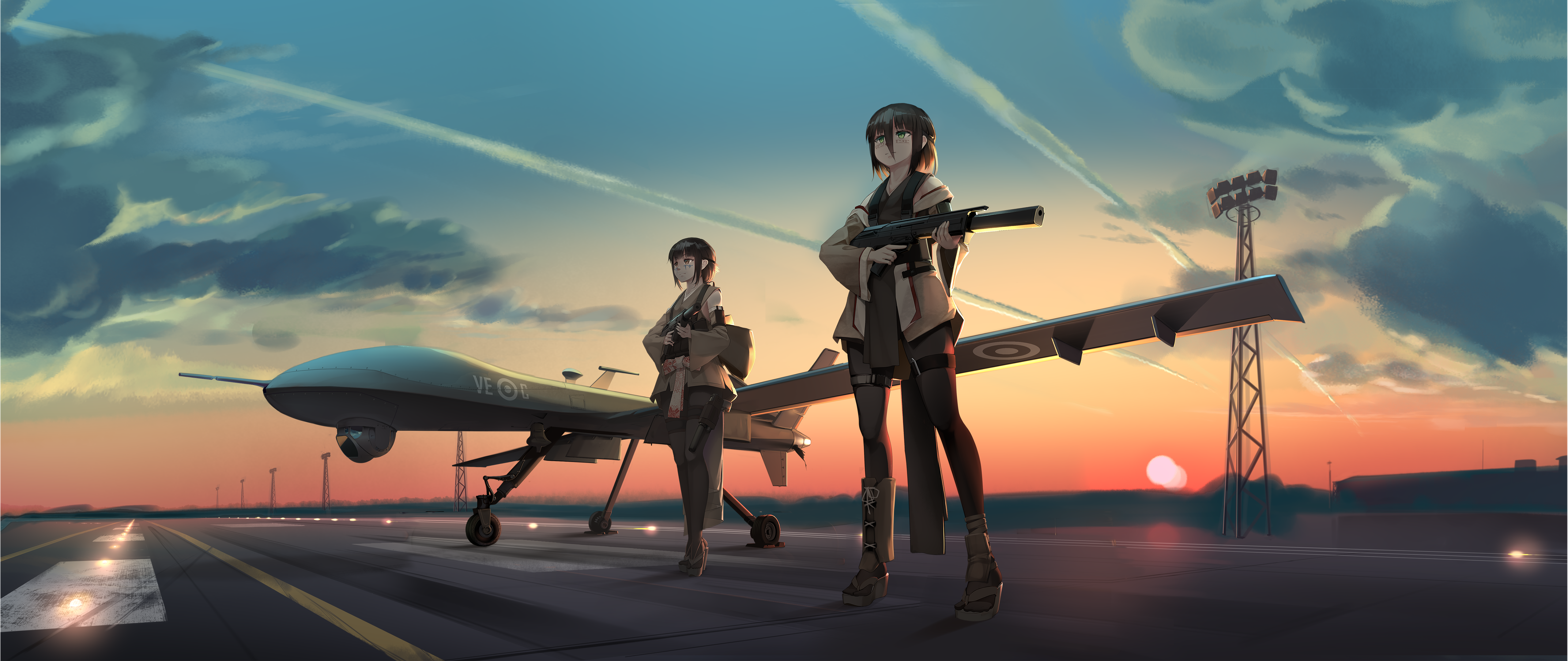 Airplane Black Hair Brown Eyes Drone Green Eyes Gun Mq 9 Reaper Short Hair Sunset Wallpaper:5120x2160