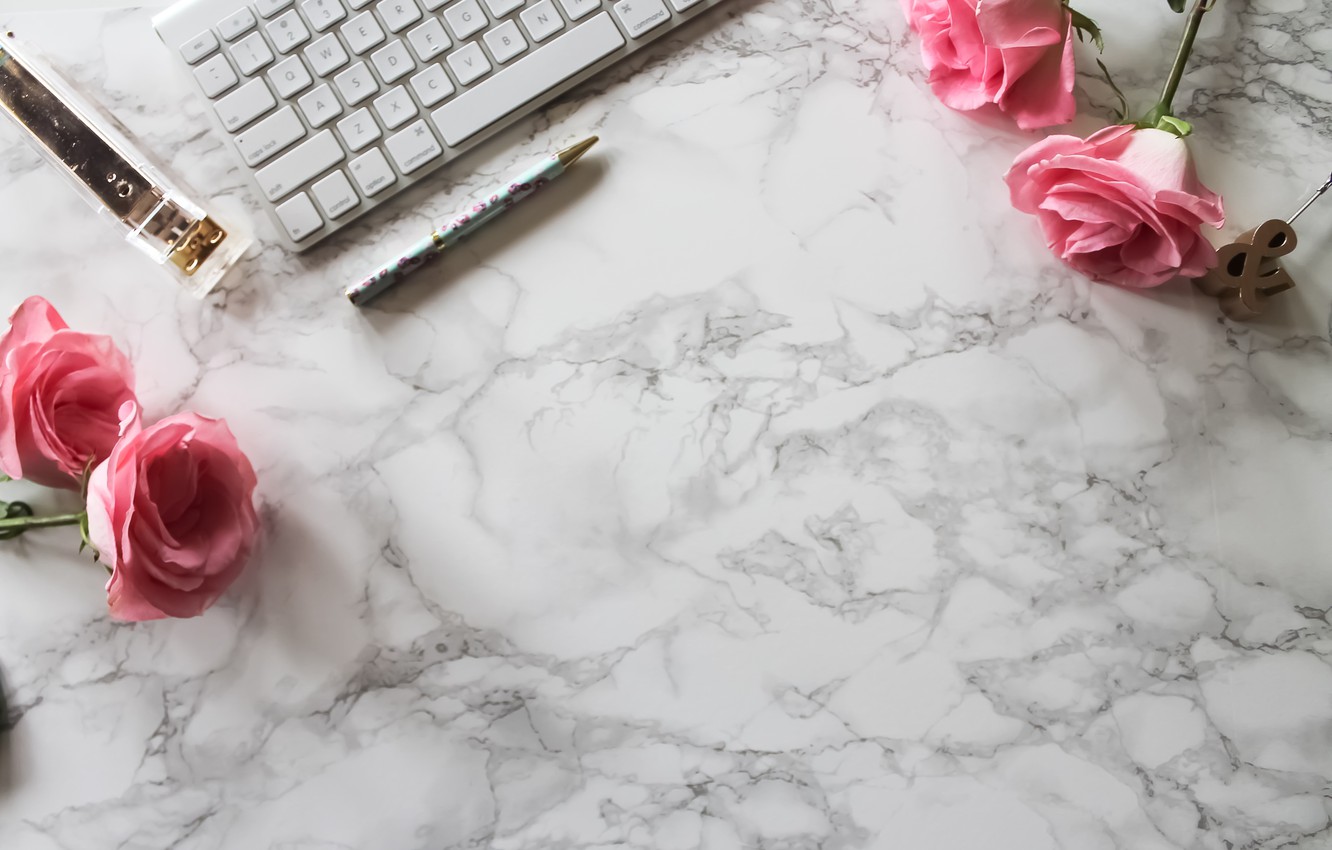 Wallpaper roses, handle, pink, flowers, roses, keyboard, marble, stapler image for desktop, section минимализм