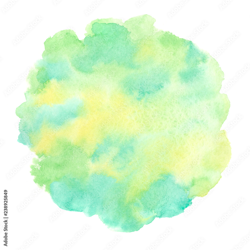 Spring, summer, eco, nature, Easter watercolor background with yellow, grass green, emerald aquarelle stains. Rounded, uneven circle shape. Soft pastel colors. Hand drawn abstract watercolour fill. Stock Illustration