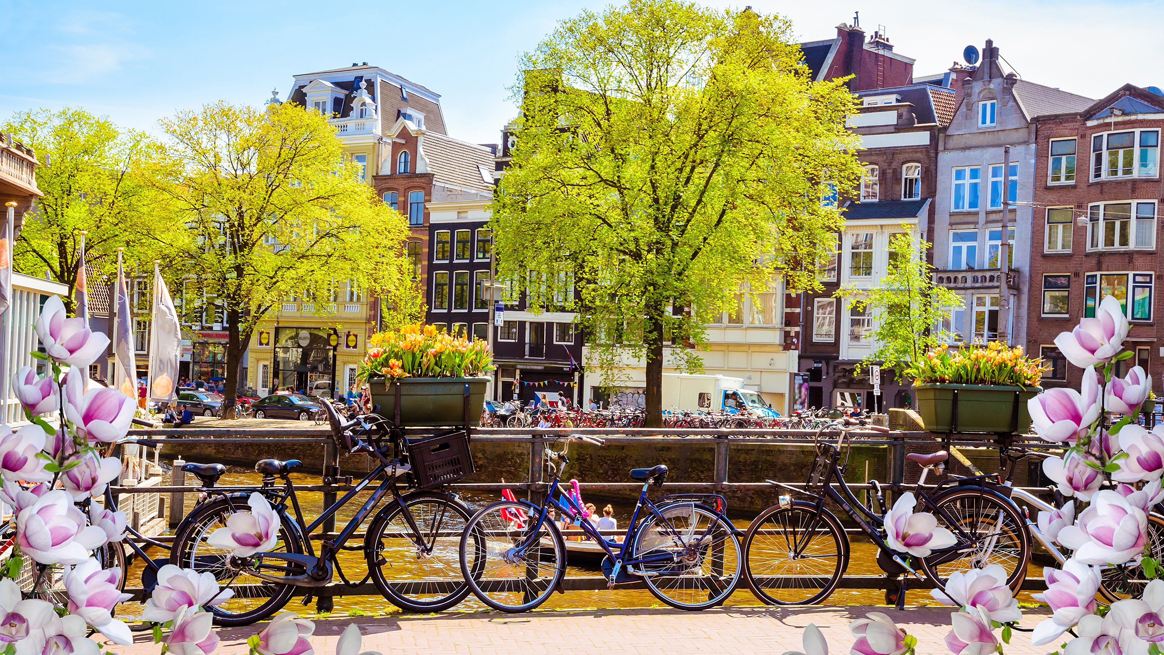 image Amsterdam Netherlands bicycles Spring Cities 3840x2160