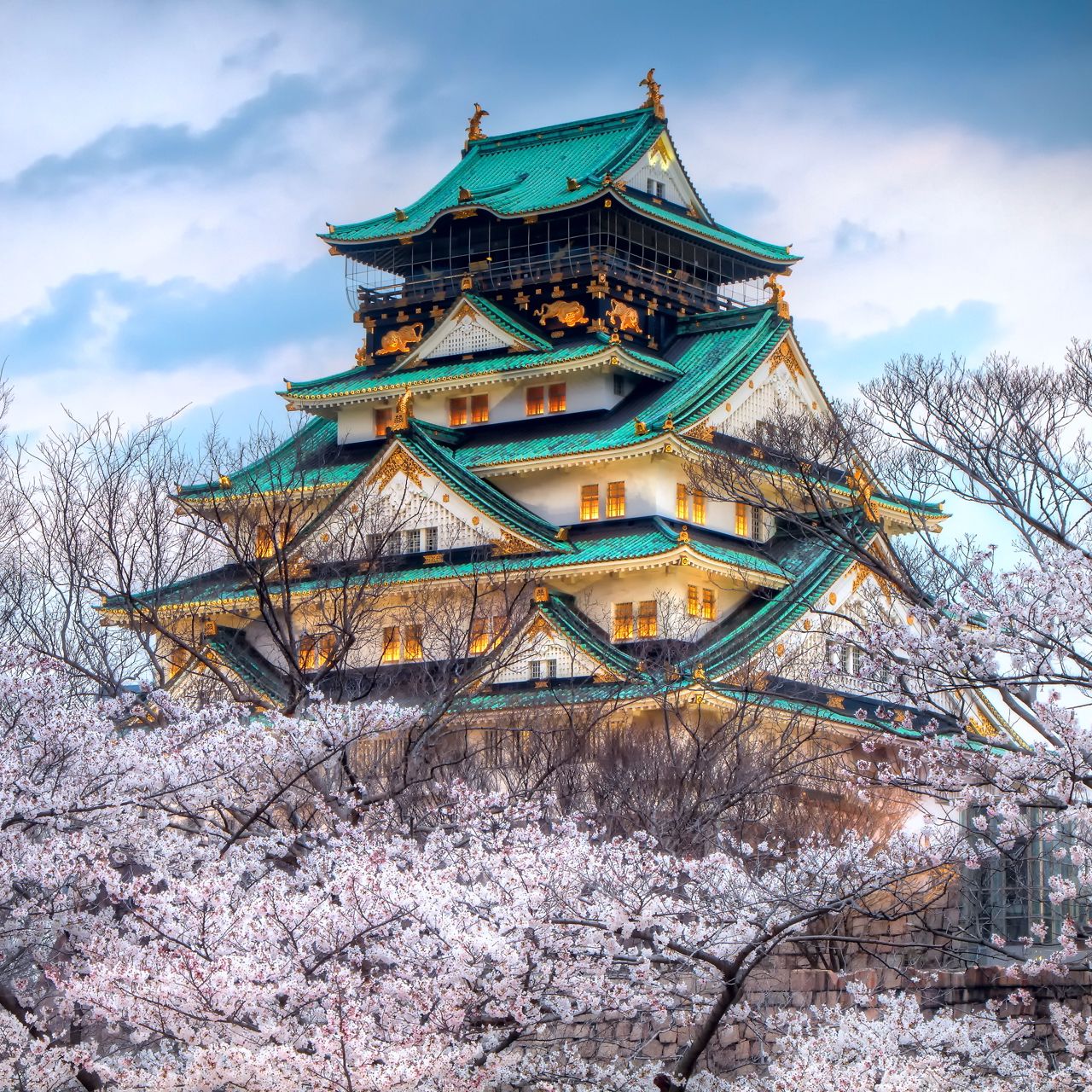 Download wallpaper 1280x1280 city, japan, temple, sky, spring, cherry, color ipad, ipad ipad mini for parallax HD background