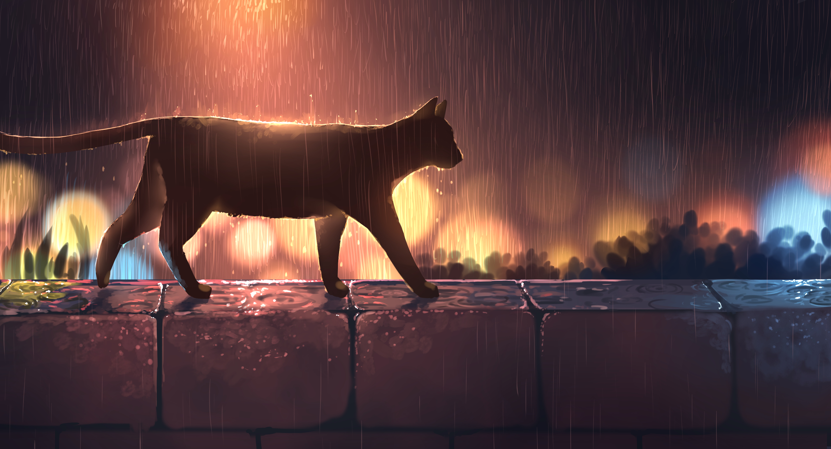 Digital Art Artwork Illustration Night Lights Rain Cats Night View Wall Water Drops Water Wallpaper:2852x1540