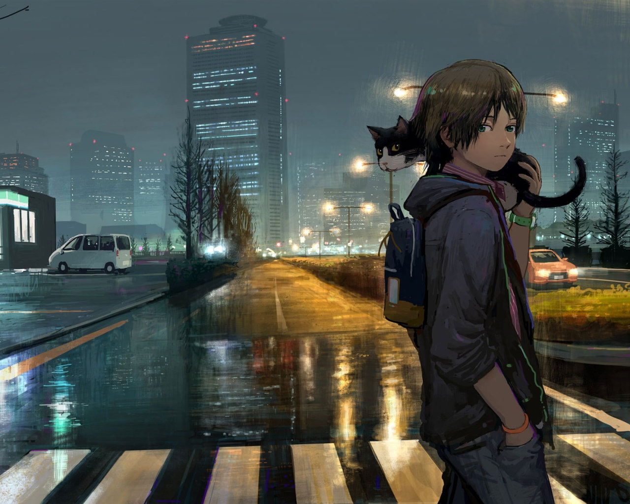 Wallpaper Anime Boy, Cat, Street, Buildings, Night • Wallpaper For You