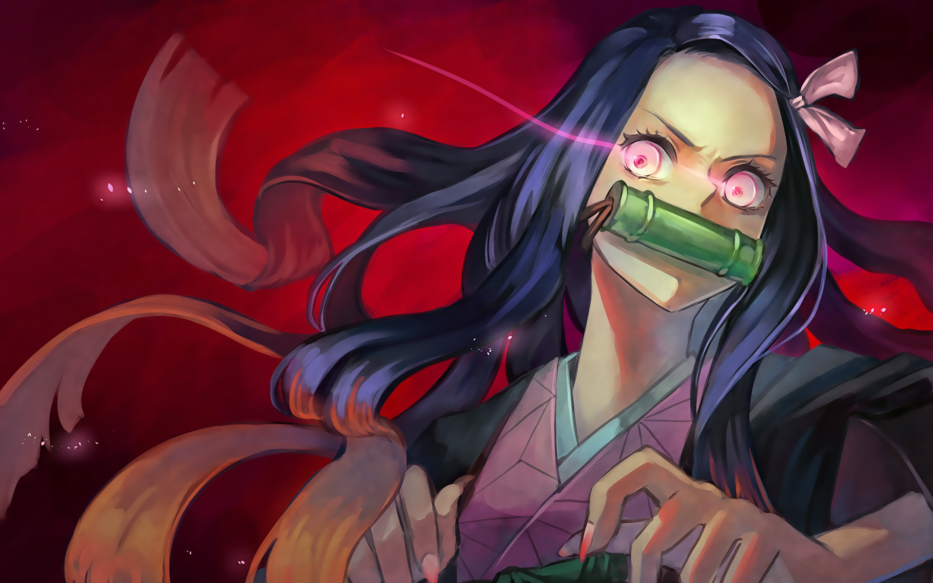 Download wallpaper Kamado Nezuko, artwork, Kimetsu no Yaiba, kimono, manga, Tanjiros sister, Nezuko Kamado for desktop with resolution 1920x1200. High Quality HD picture wallpaper