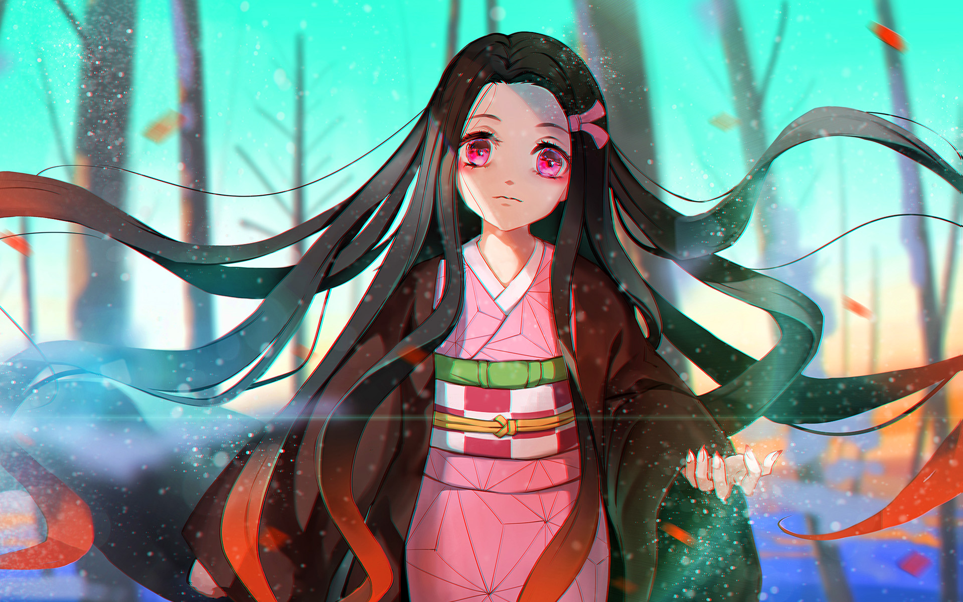Download wallpaper Nezuko Kamado, forest, Kimetsu no Yaiba, manga, artwork, Kamado Nezuko for desktop with resolution 1920x1200. High Quality HD picture wallpaper