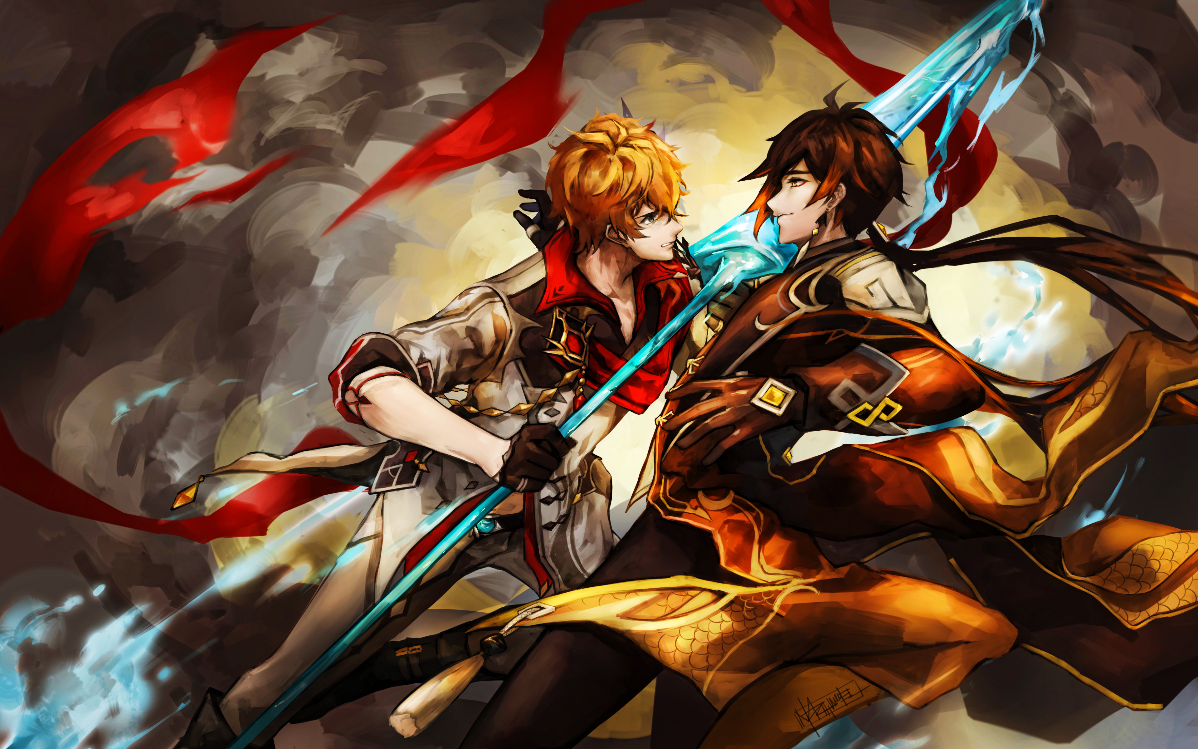 Download wallpaper Childe vs Zhongli, protagonists, Genshin Impact, manga, Zhongli Genshin Impact, warriors, Childe, Zhongli, Childe Genshin Impact for desktop with resolution 3840x2400. High Quality HD picture wallpaper