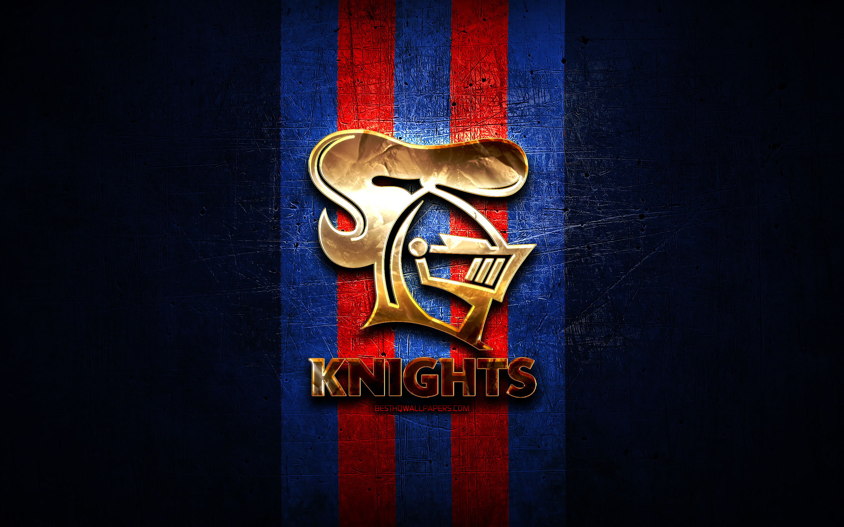 Download wallpaper Newcastle Knights, golden logo, National Rugby League, blue metal background, australian rugby club, Newcastle Knights logo, rugby, NRL for desktop with resolution 2880x1800. High Quality HD picture wallpaper