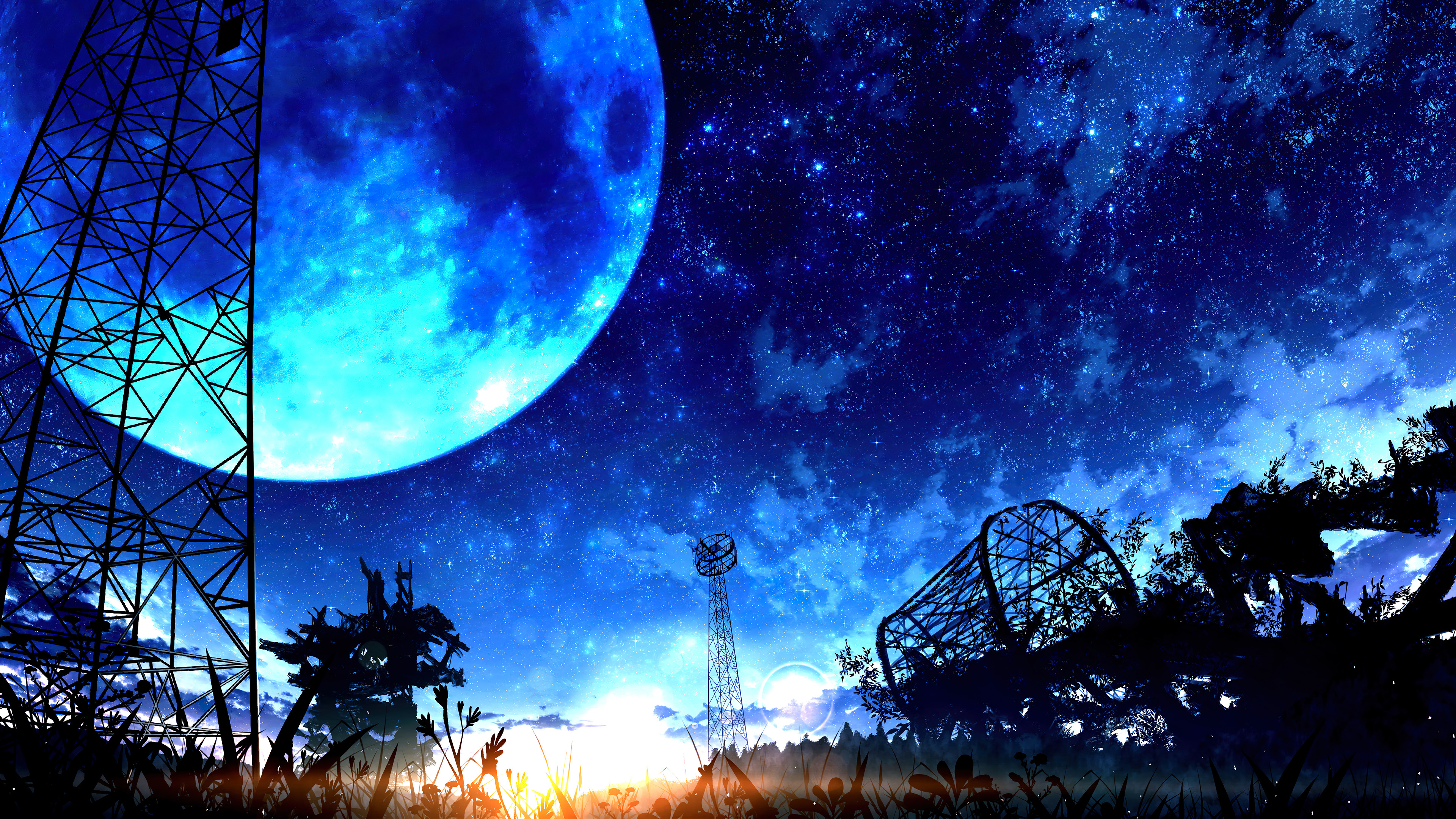 Full Moon Night Sky Scenery Sunrise Anime Art PC DeskK Wallpaper free Download