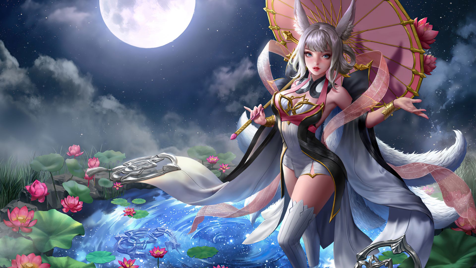 Desktop Wallpaper Anime Girl, Water Lilies, Moon, Fantasy, HD Image, Picture, Background, Bd6514