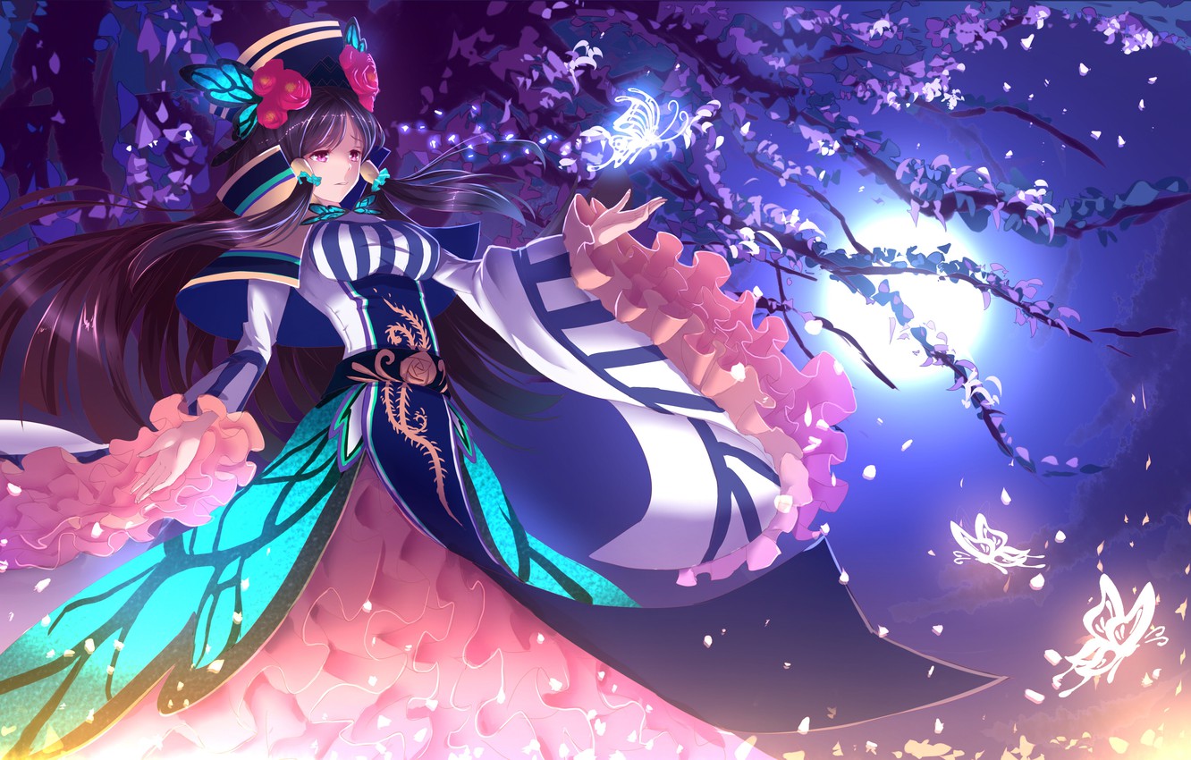 Wallpaper the sky, girl, trees, butterfly, flowers, the moon, anime, art, bakanoe image for desktop, section прочее