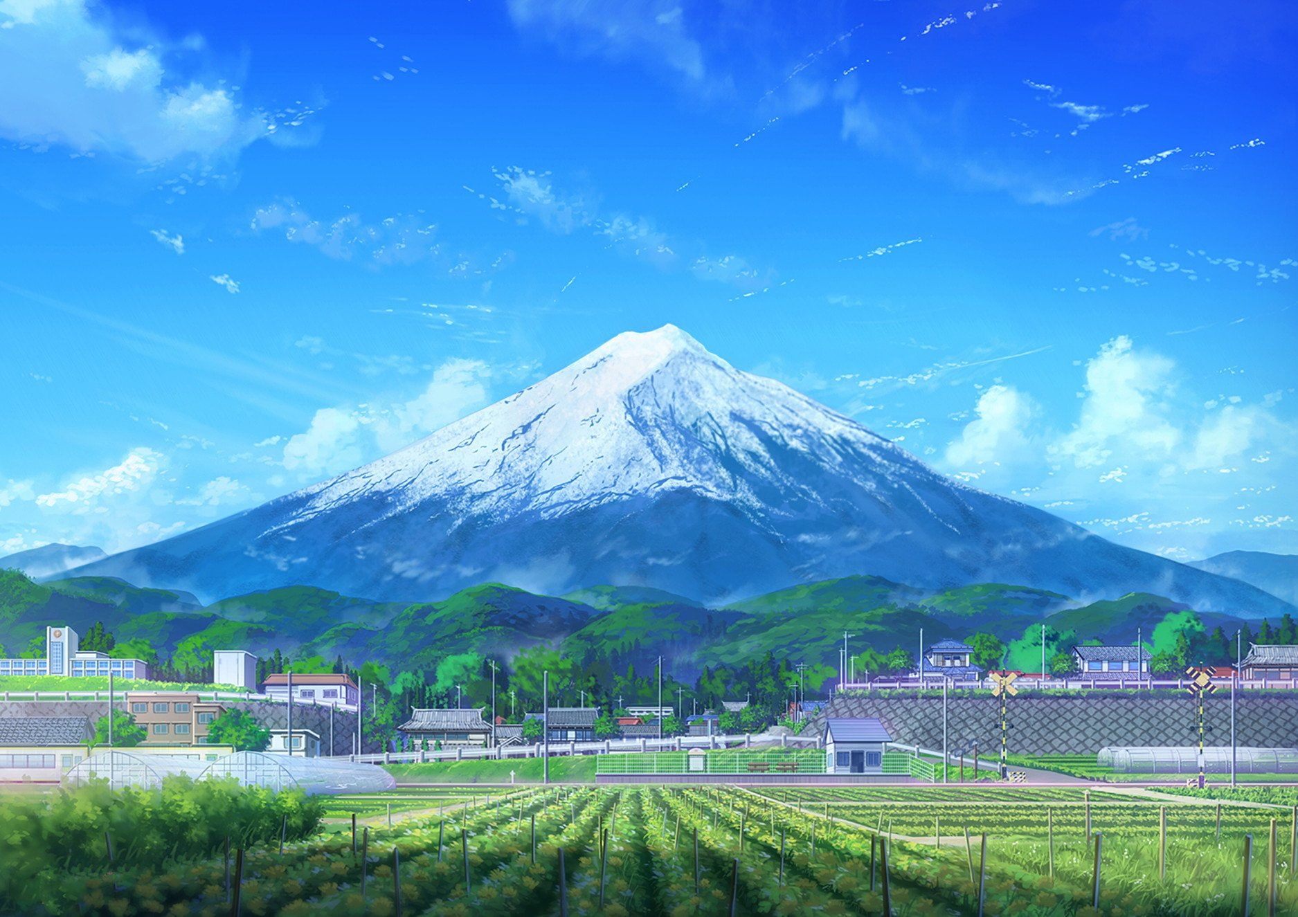 Anime #Original #Building #Cloud #Field Mount Fuji #Mountain #Scenery #Sky P #wallpaper #hdwallpaper #desk. Anime scenery wallpaper, Anime scenery, Sky anime