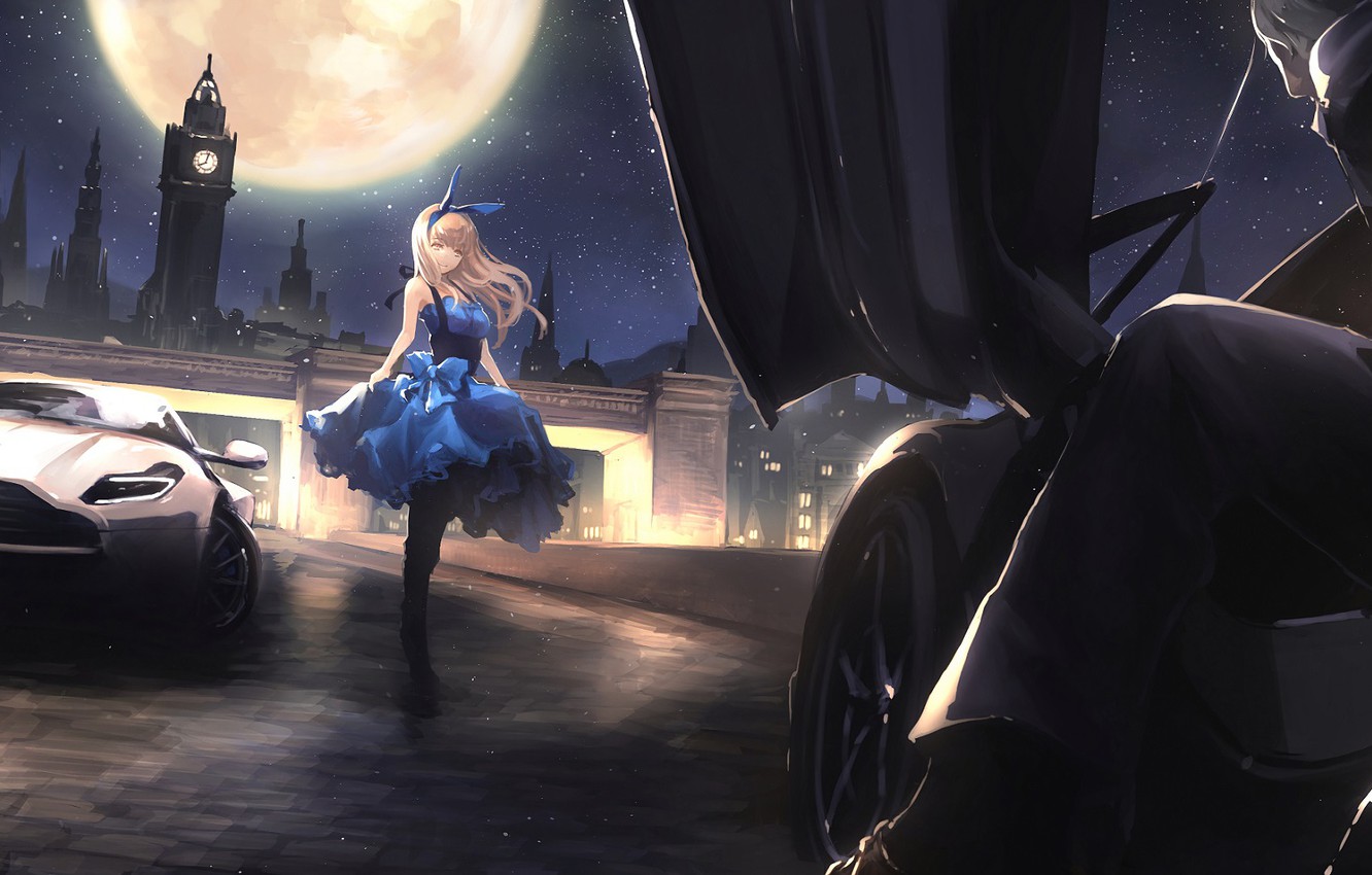 Wallpaper girl, night, the city, the moon, anime image for desktop, section арт
