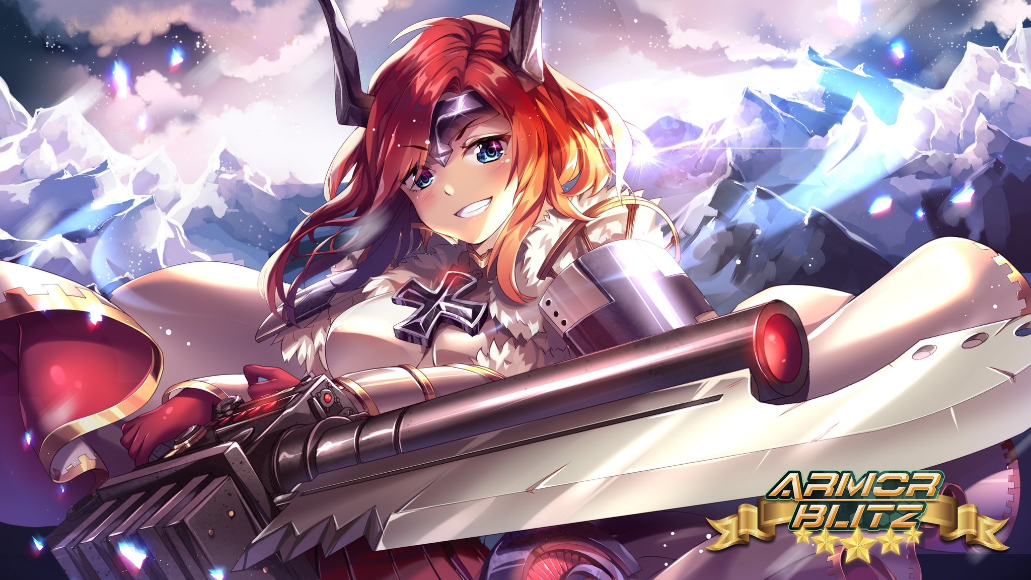 Download 2048x1152 Armor Blitz, Girl, Smiling, Anime Games Wallpaper