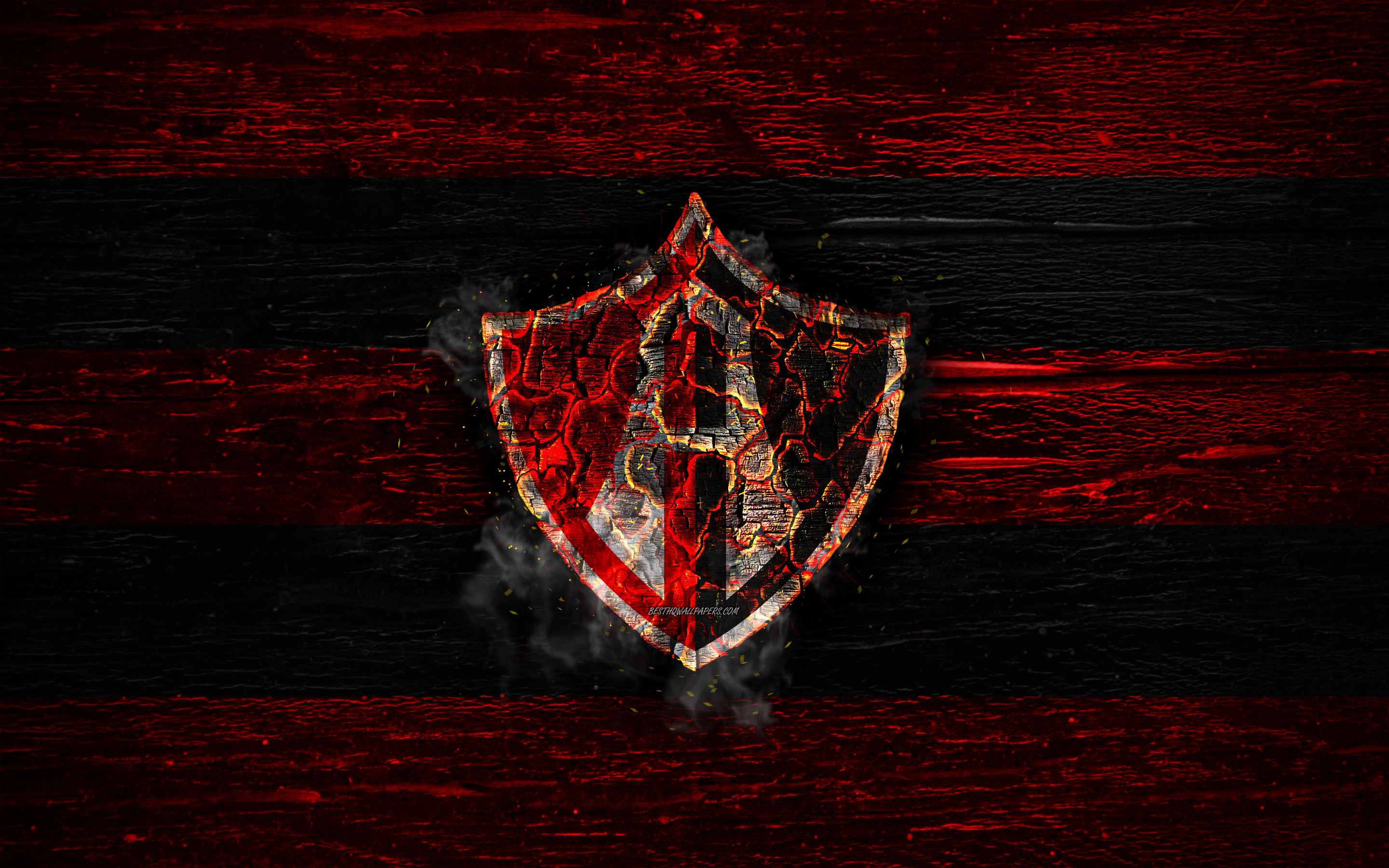 Download wallpaper Atlas FC, fire logo, Liga MX, red and black lines, Mexican football club, Primera Division, grunge, football, soccer, Atlas logo, wooden texture Mexiсo for desktop with resolution 2880x1800. High Quality