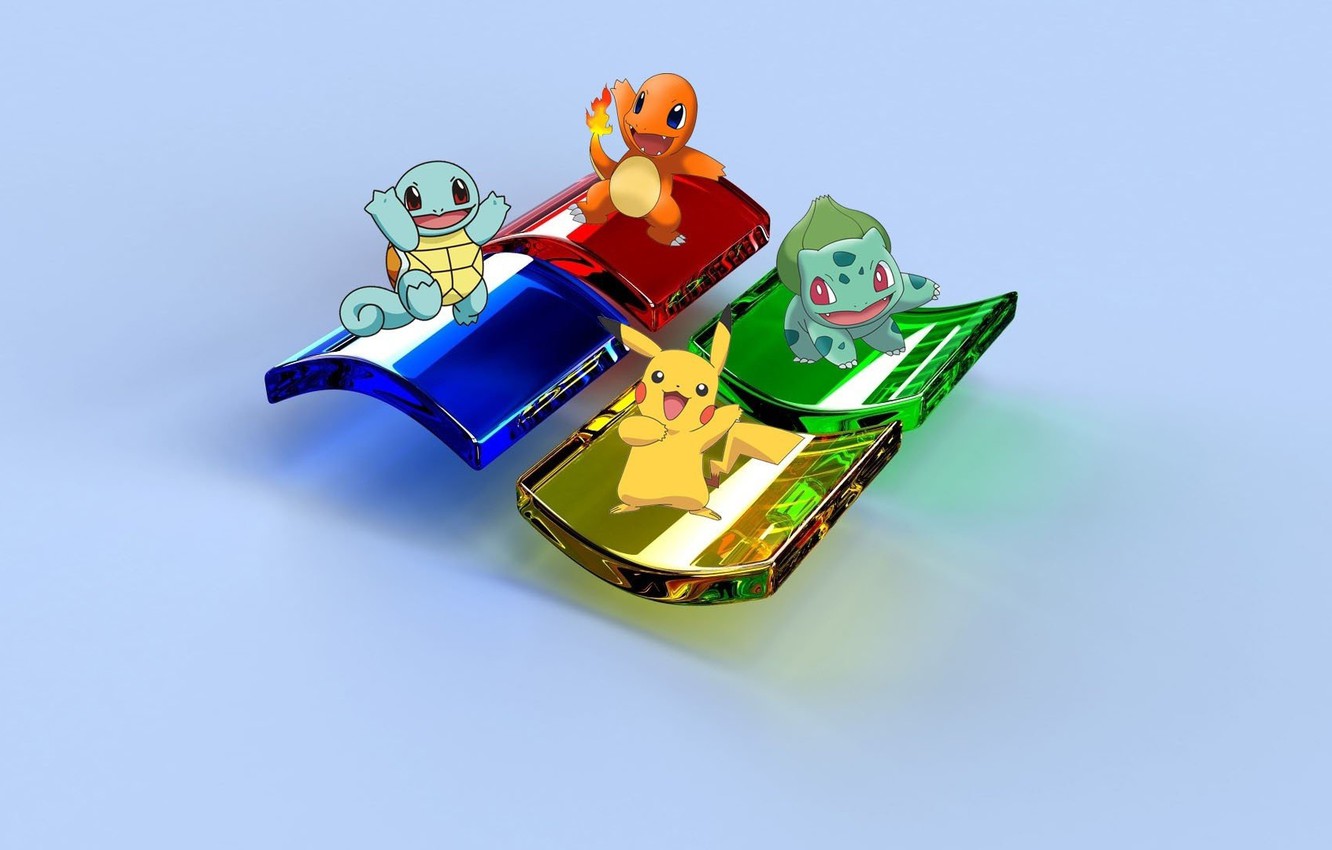 Wallpaper blue, yellow, red, green, Windows, green, red, yellow, blue, Pikachu, Pikachu, Operating system, Charmander, Squirtle, Bulbasaur, Windows image for desktop, section разное