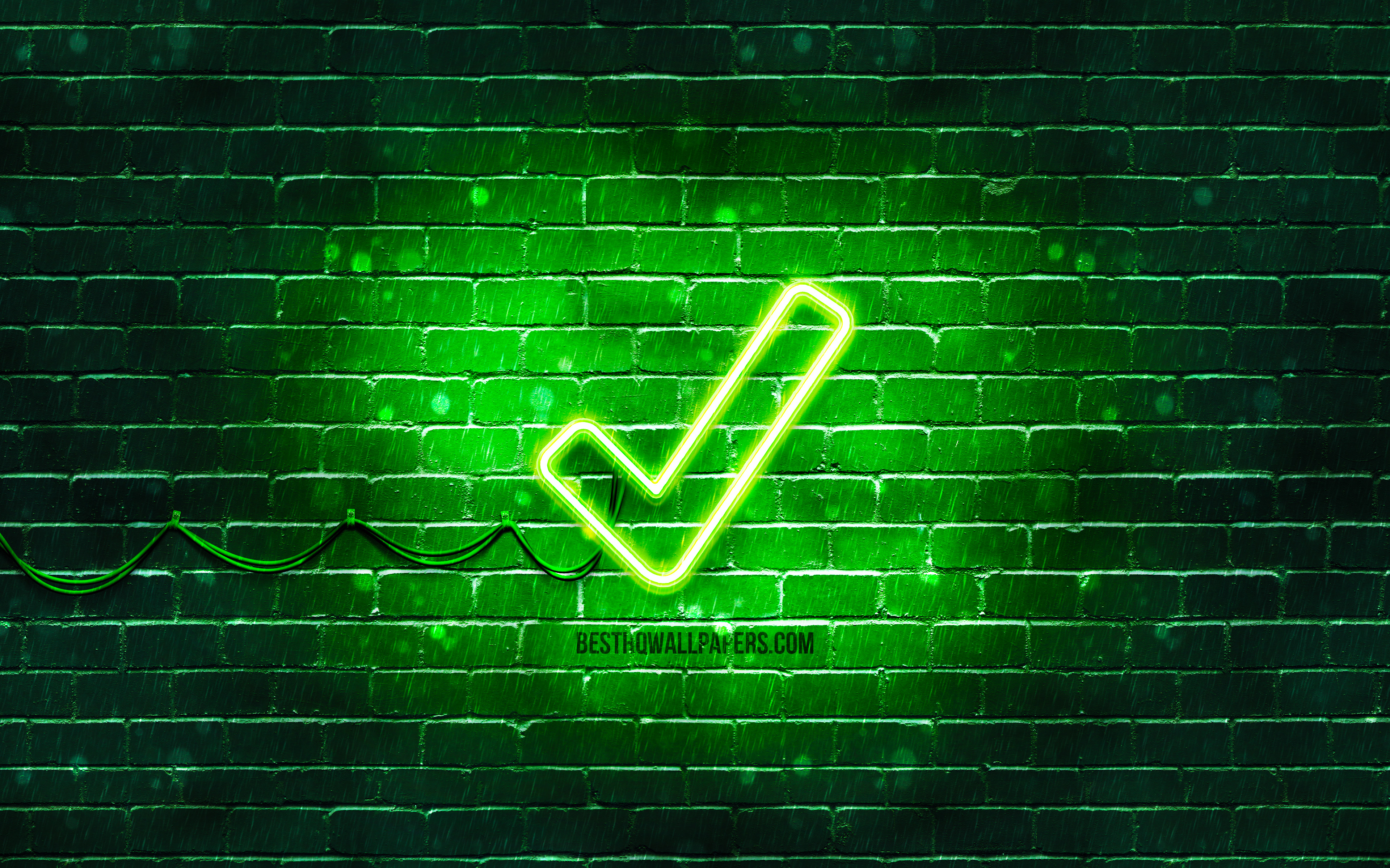Download wallpaper Check mark neon icon, 4k, green background, neon symbols, Check mark, neon icons, Check mark sign, computer signs, Check mark icon, computer icons for desktop with resolution 3840x2400. High Quality