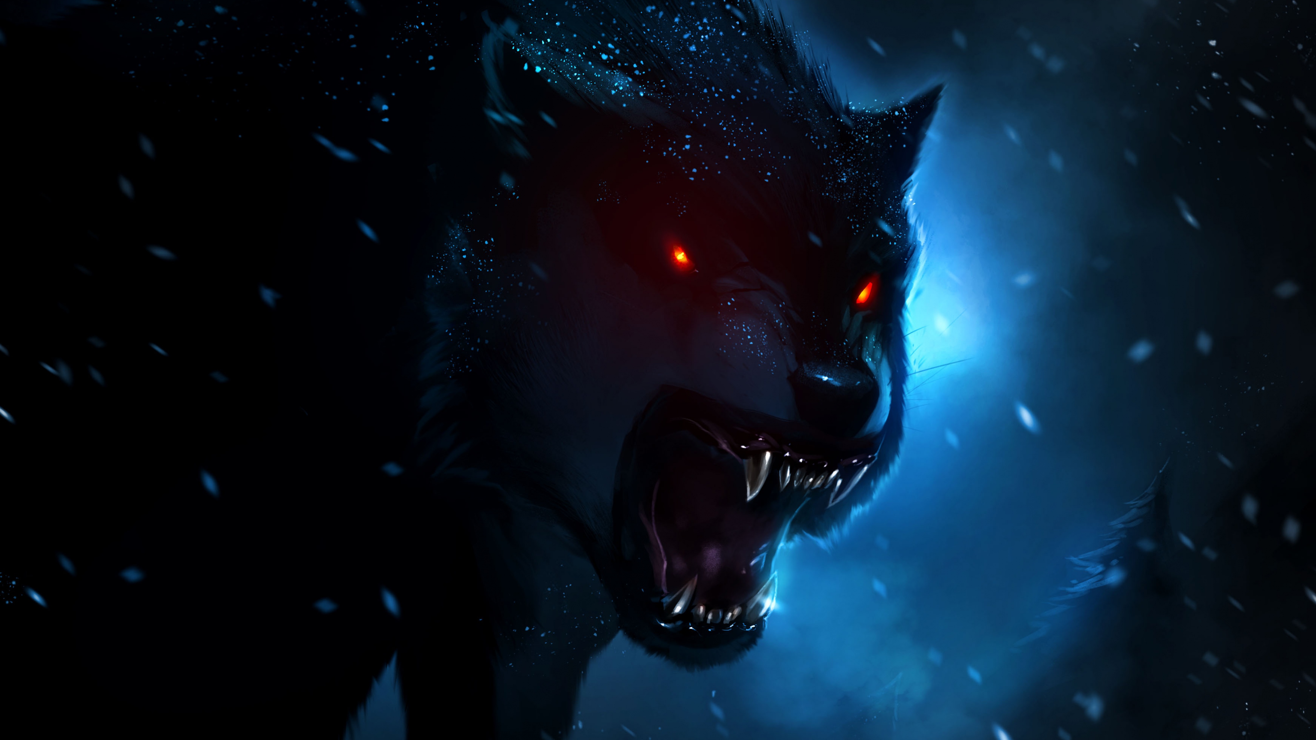 Black Wolf Wallpaper 4K, Red eyes, Snow fall, Dark background, Night time, Animals