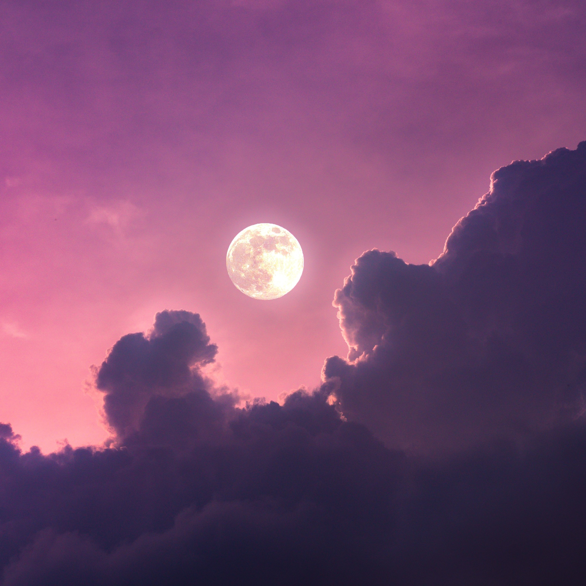 Full moon Wallpaper 4K, Clouds, Pink sky, Scenic, Aesthetic, Nature