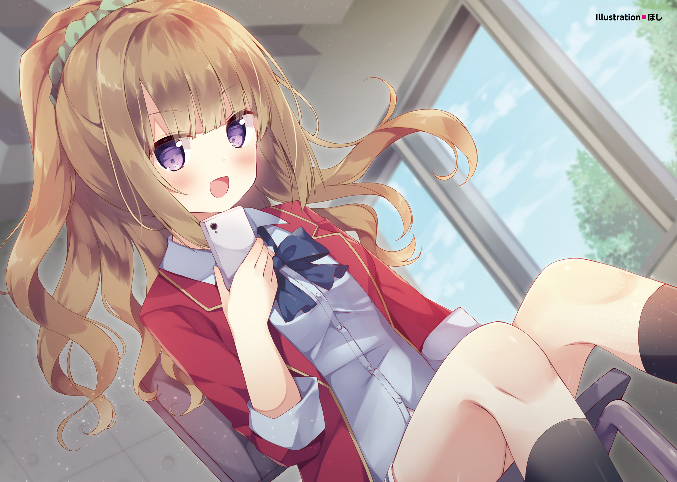 blush bow brown hair hoshi (snacherubi) karuizawa kei kneehighs long hair phone ponytail purple eyes school uniform watermark youkoso jitsuryoku shijou shugi no kyoushitsu e. konachan.net.com Anime Wallpaper