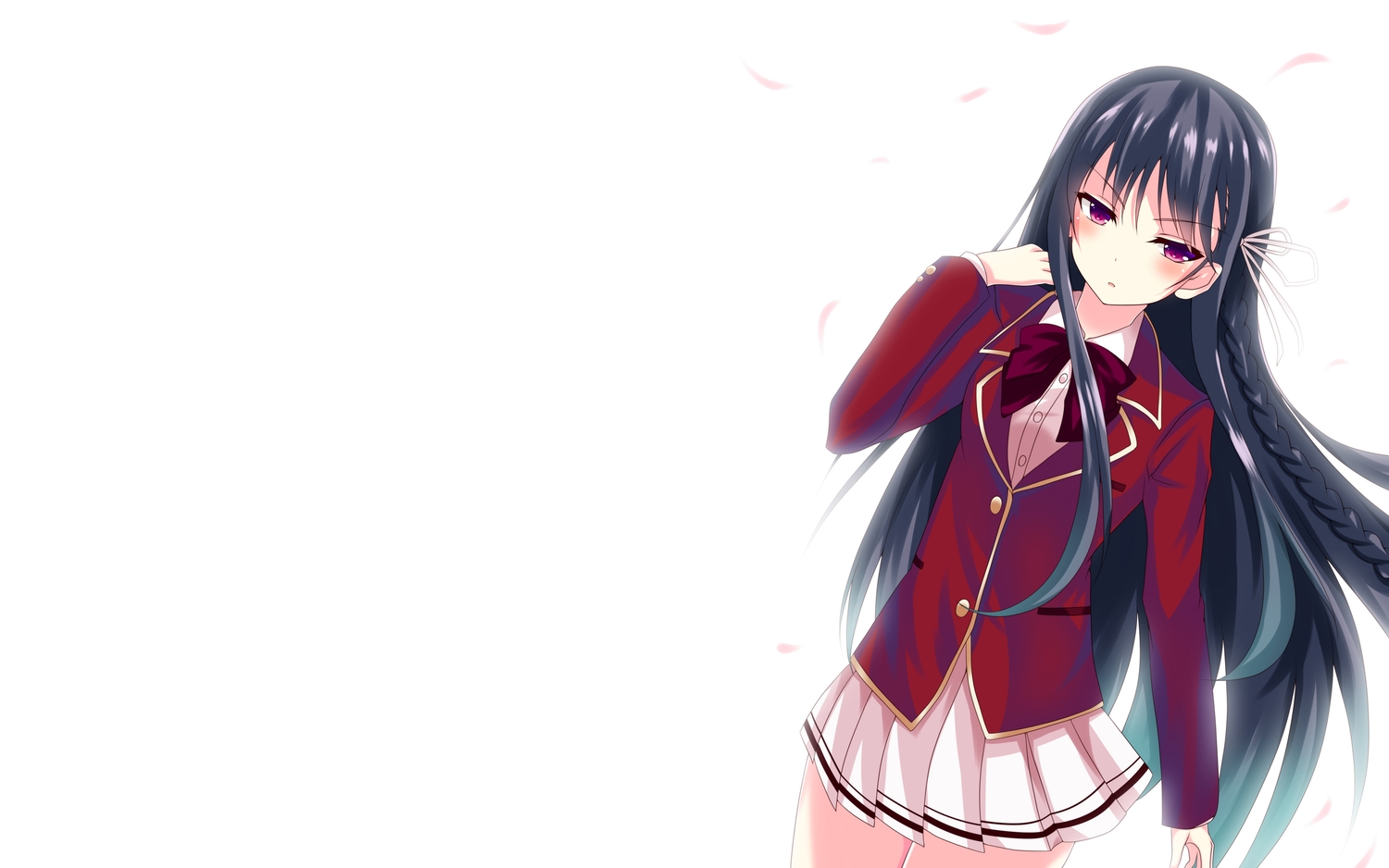 ayasato karen black hair braids horikita suzune long hair petals purple eyes school uniform skirt white youkoso jitsuryoku shijou shugi no kyoushitsu e. konachan.net.com Anime Wallpaper