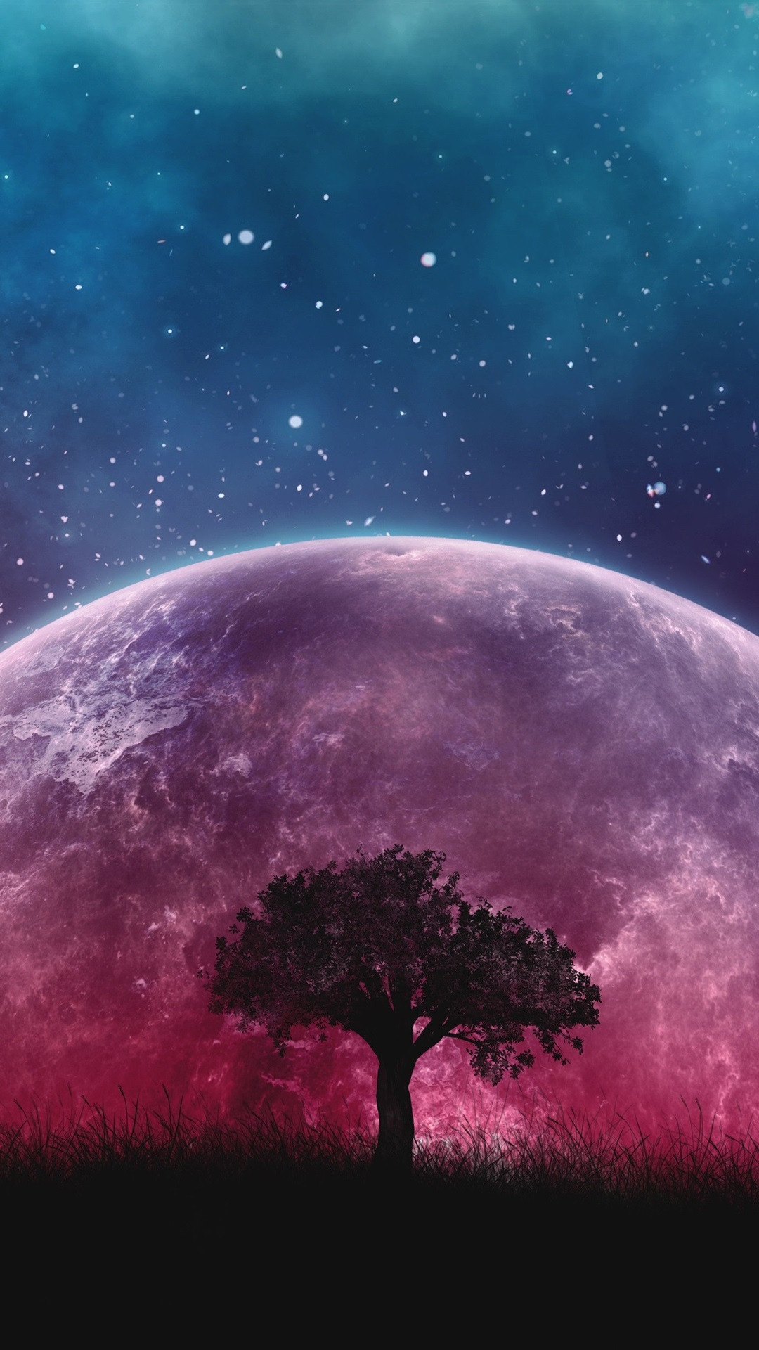 Wallpaper Tree, grass, purple planet, starry 3840x2160 UHD 4K Picture, Image