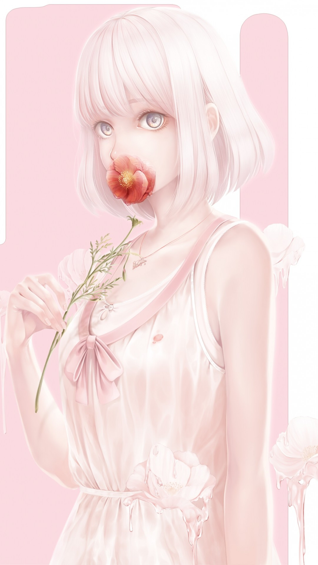 Download 1080x1920 Anime Girl, Pastel Colors, Flower, Short Hair, Necklace Wallpaper for iPhone 8, iPhone 7 Plus, iPhone 6+, Sony Xperia Z, HTC One