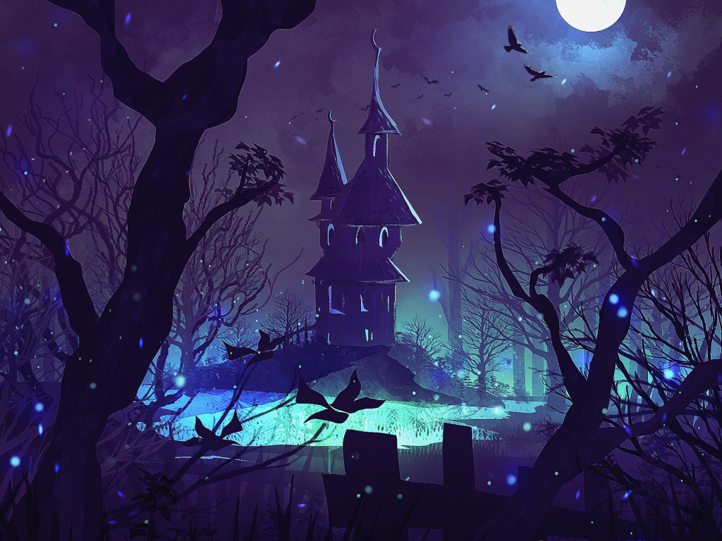 Download Haunted house, night, dark, fantasy, art wallpaper, 1024x768, Standard 4:3, Fullscreen