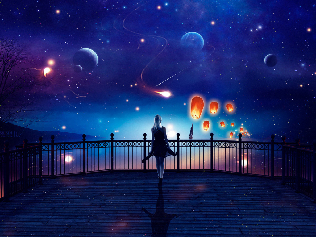 Outdoor, fantasy, anime girl, woman, space, planets wallpaper, HD image, picture, background, 83ef98