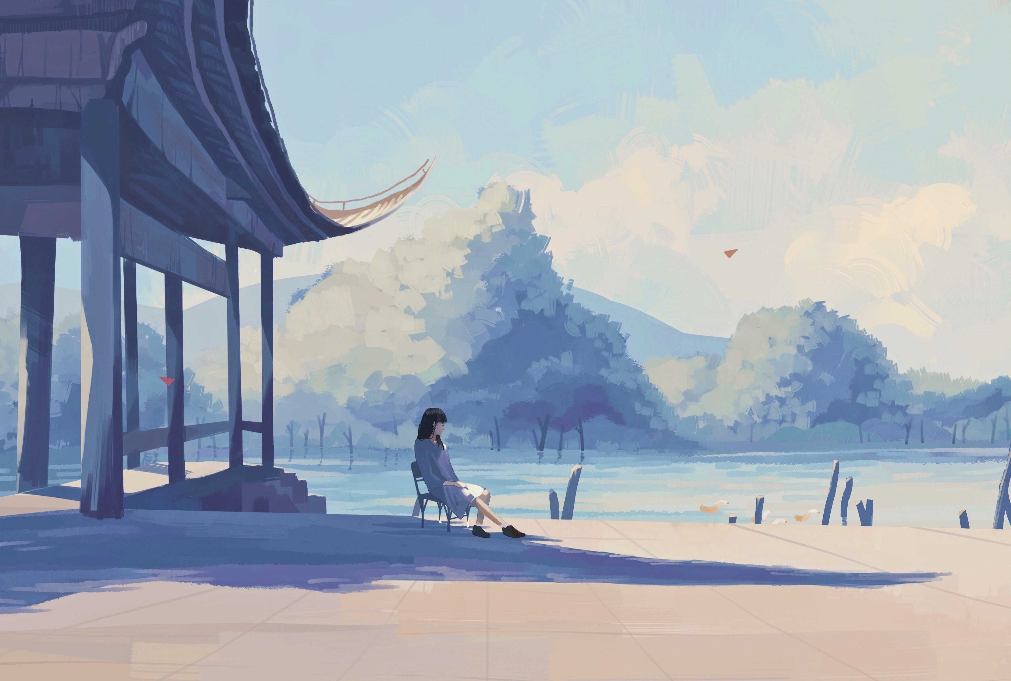 Wallpaper Pastel Colors, Shadow, Lonely Anime Girl, Lake:3507x2362