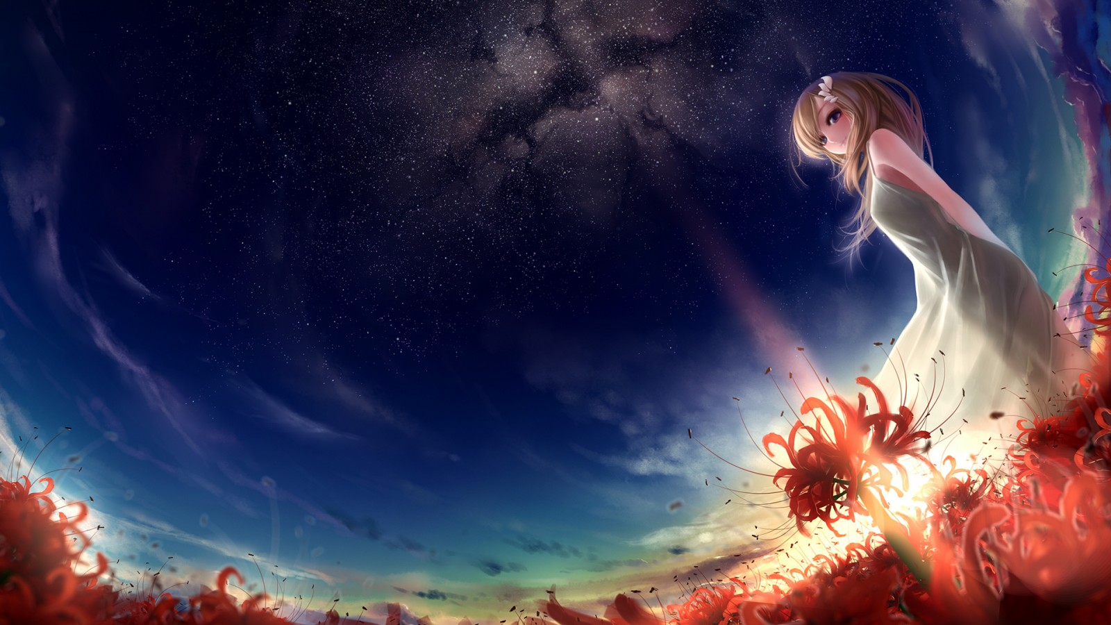flowers, anime, anime girls, red, stars, universe, darkness, screenshot, computer wallpaper, special effects, outer space High quality walls