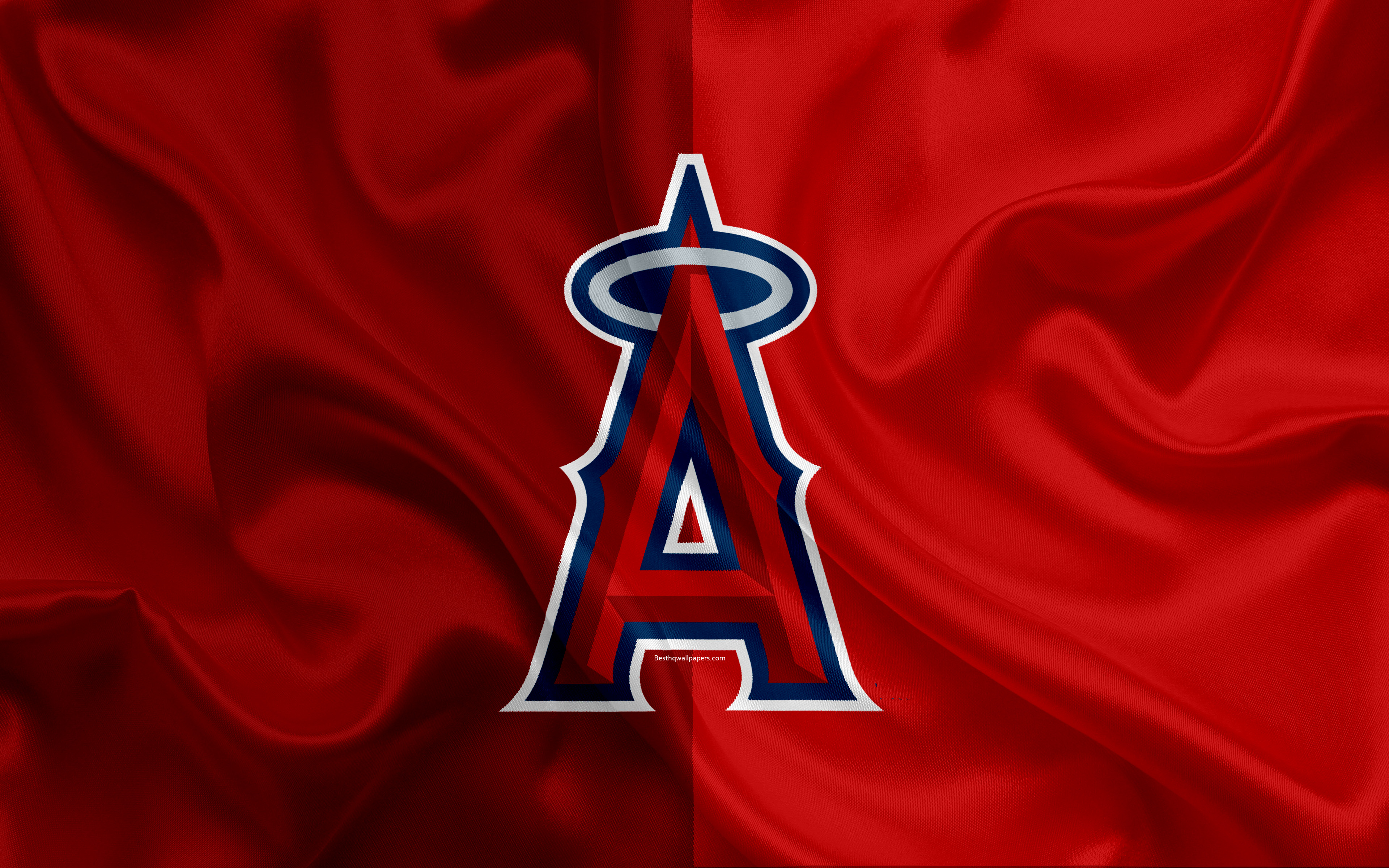 Download wallpaper Los Angeles Angels, 4k, logo, silk texture, american baseball club, green yellow flag, emblem, MLB, Auckland, California, USA, Major League Baseball for desktop with resolution 3840x2400. High Quality HD picture