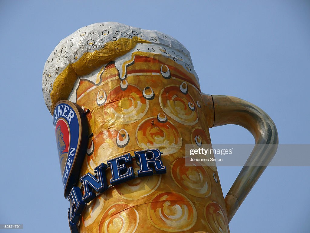 A giant beer mug is seen on top of the Paulaner brewery tower during. News Photo
