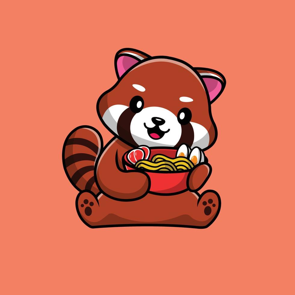 Cute Red Panda Holding Ramen Cartoon Vector Icon Illustration
