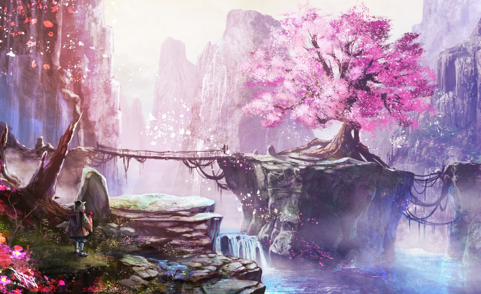 Wallpaper Cherry Blossom, Bridge, Anime Girl, Waterfall, Nature, Anime Scenery:1962x1200