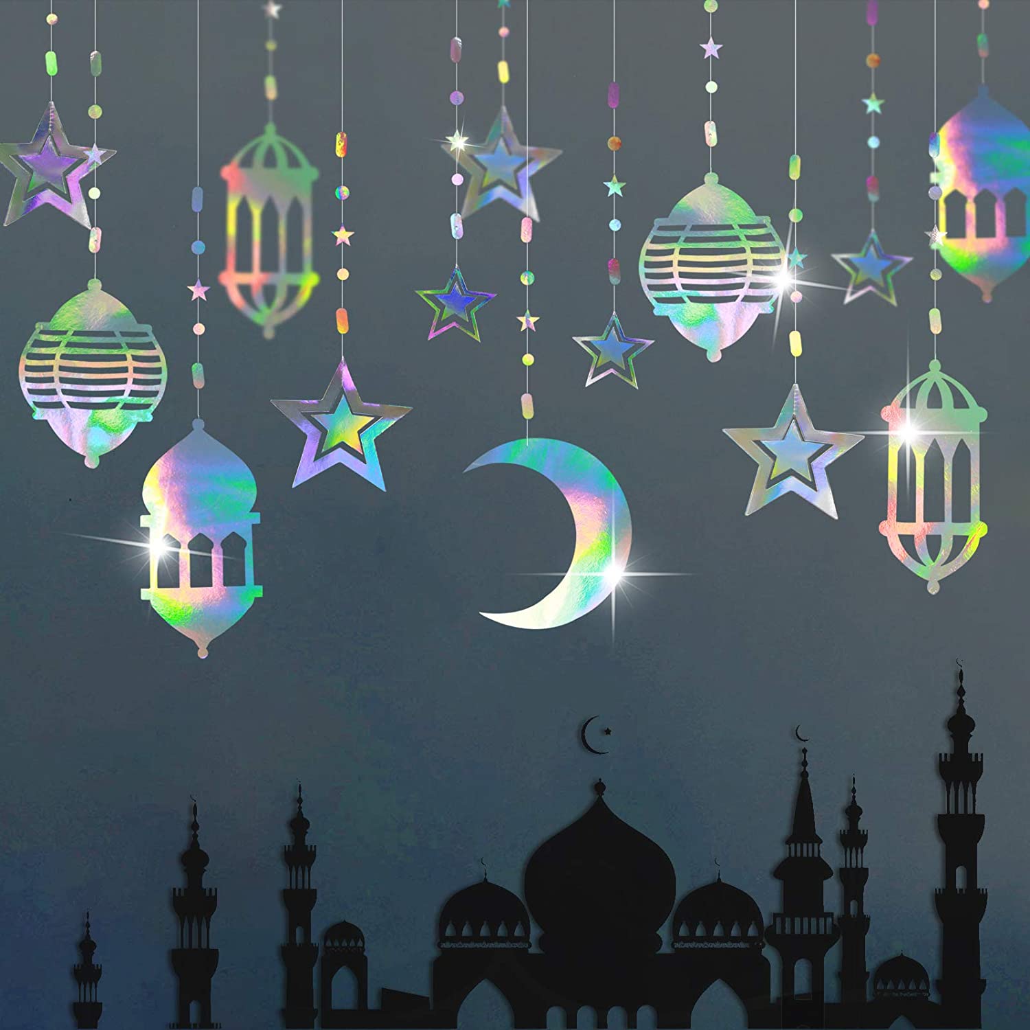 16pcs Iridescent Star Moon Lantern Ramadan Garland Holographic EID Decoration Home Happy Ramadan Decor Euphoria Hanging Streamer Backdrop Banner for Lesser Bairam Islam Wedding Birthday Party Supplies, Toys & Games