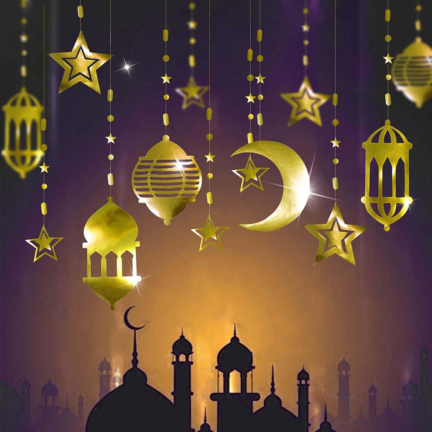 16pcs Islamic Gold Star Crescent Moon Lantern Ramadan Garland EID Decoration Home Happy Ramadan Mubarak Party Decor Hanging Streamer Wedding Backdrop Banner Aladdin Birthday Party Supplies, Toys & Games