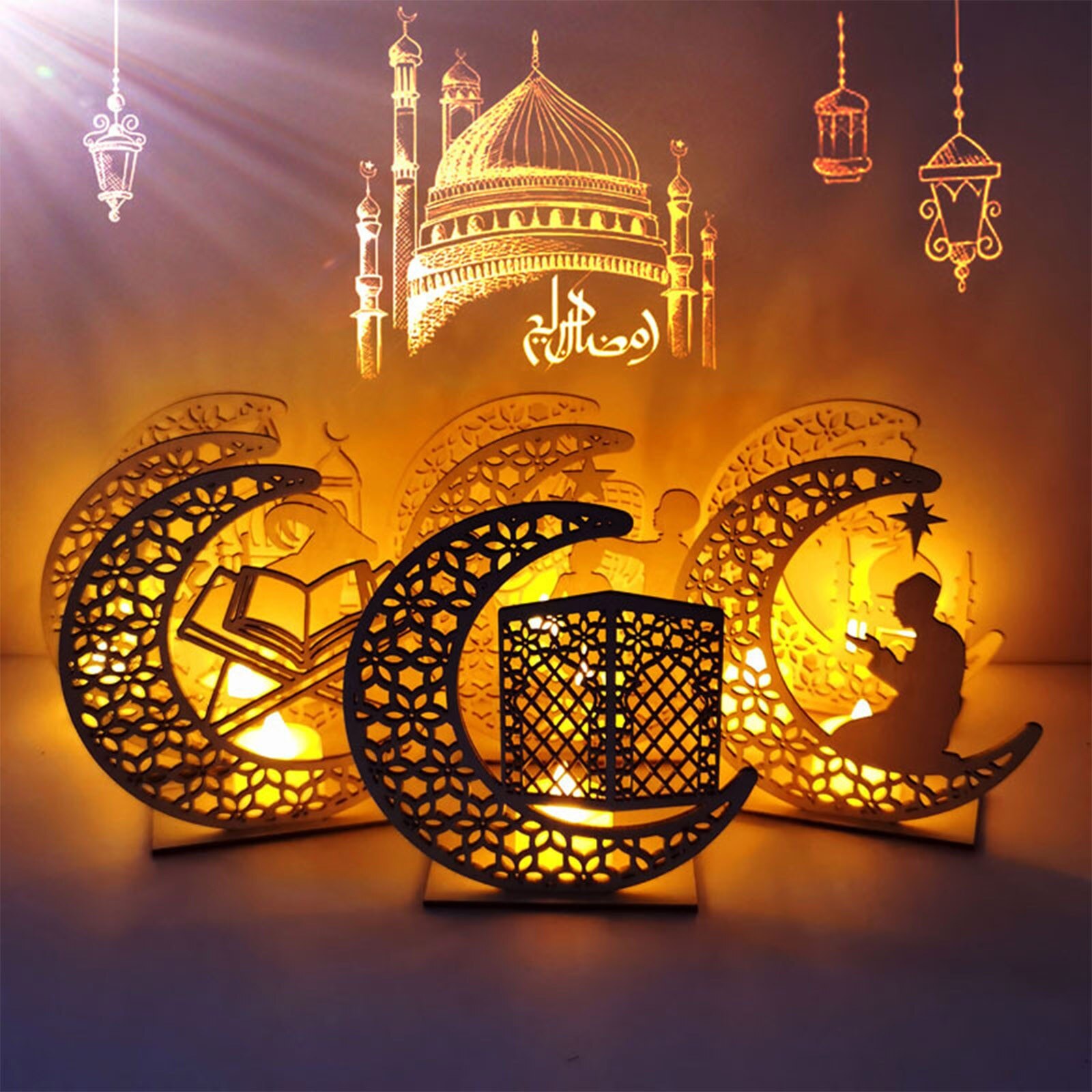 Wooden Lights Eid Gift Eid Ul Fitr Muslim Festival Aid Mubarak Eid Decor Kareem Ramadan Decor For Home Islamic Decoration G