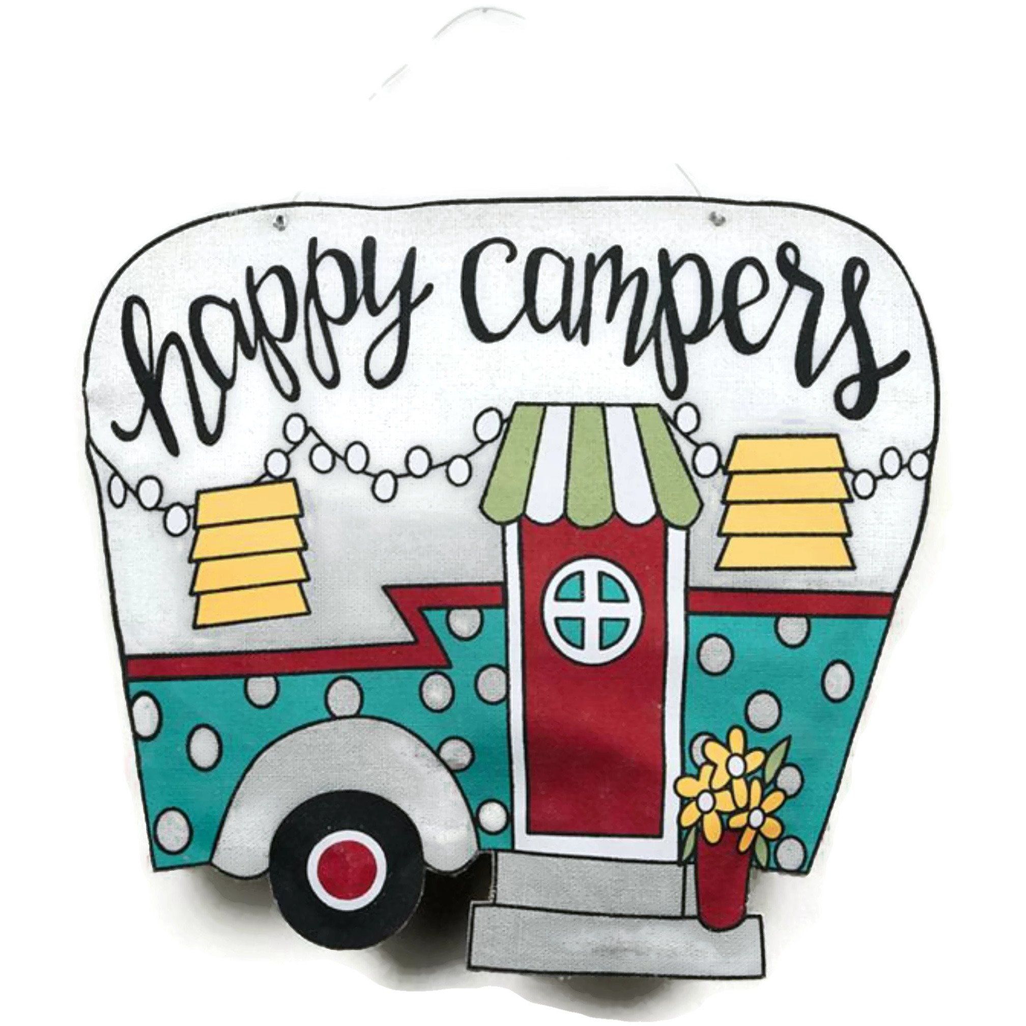Happy Camper Burlee Door Hanger #ribbon #homedecor #holiday #holidaydecor #wreathsupplies #madoorablecreations. Happy campers, Vintage camper art, Camper art