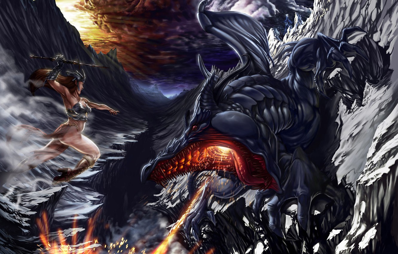 Wallpaper girl, death, dragon, the evening, battle image for desktop, section фантастика