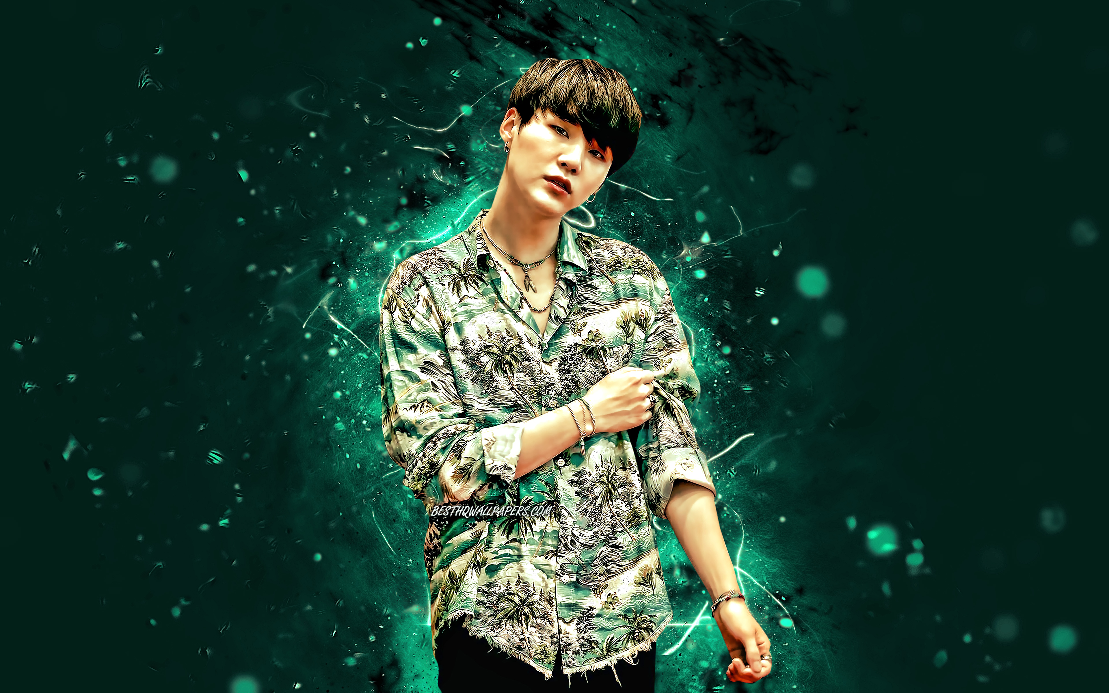 Download Wallpaper Suga, 4k, BTS, Korean Band, Turquoise Neon Lights, Min Yoon Gi, Kpop, Korean Celebrity, Bangtan Boys, K Pop, Suga BTS, Suga 4K For Desktop With Resolution 3840x2400. High Quality HD Picture Wallpaper