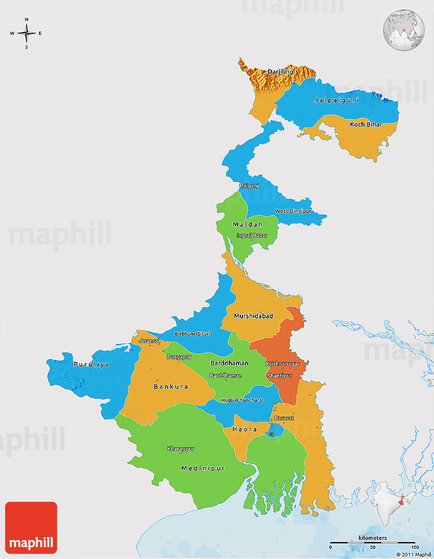 Political 3D Map of West Bengal, single color outside