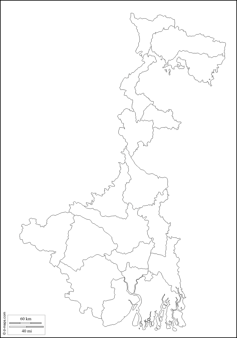 West Bengal, free map, free blank map, free outline map, free base map, outline, districts (white). Map outline, Free maps, India map