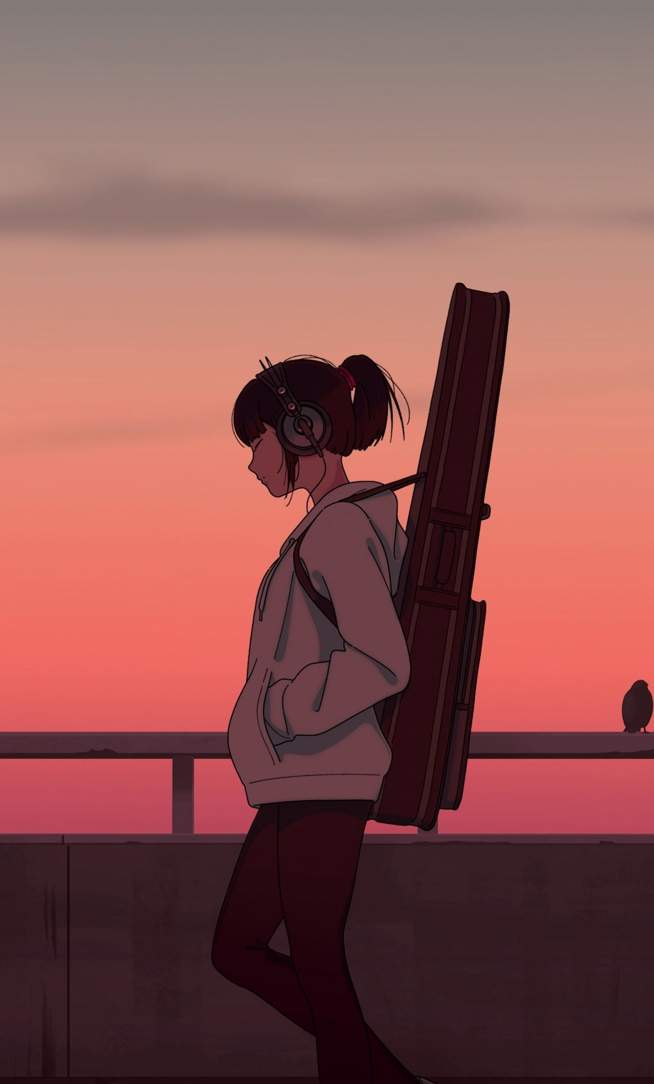 Download Girl musician, guitar, anime girl, sunset, art wallpaper, 1280x2120, iPhone 6 Plus