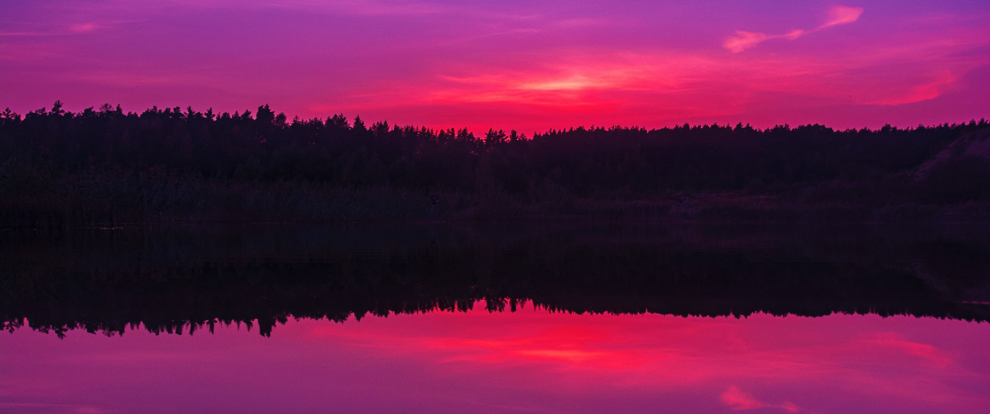 Purple sky Wallpaper 4K, Sunset, Body of Water, Lake, Reflection, Horizon, Nature