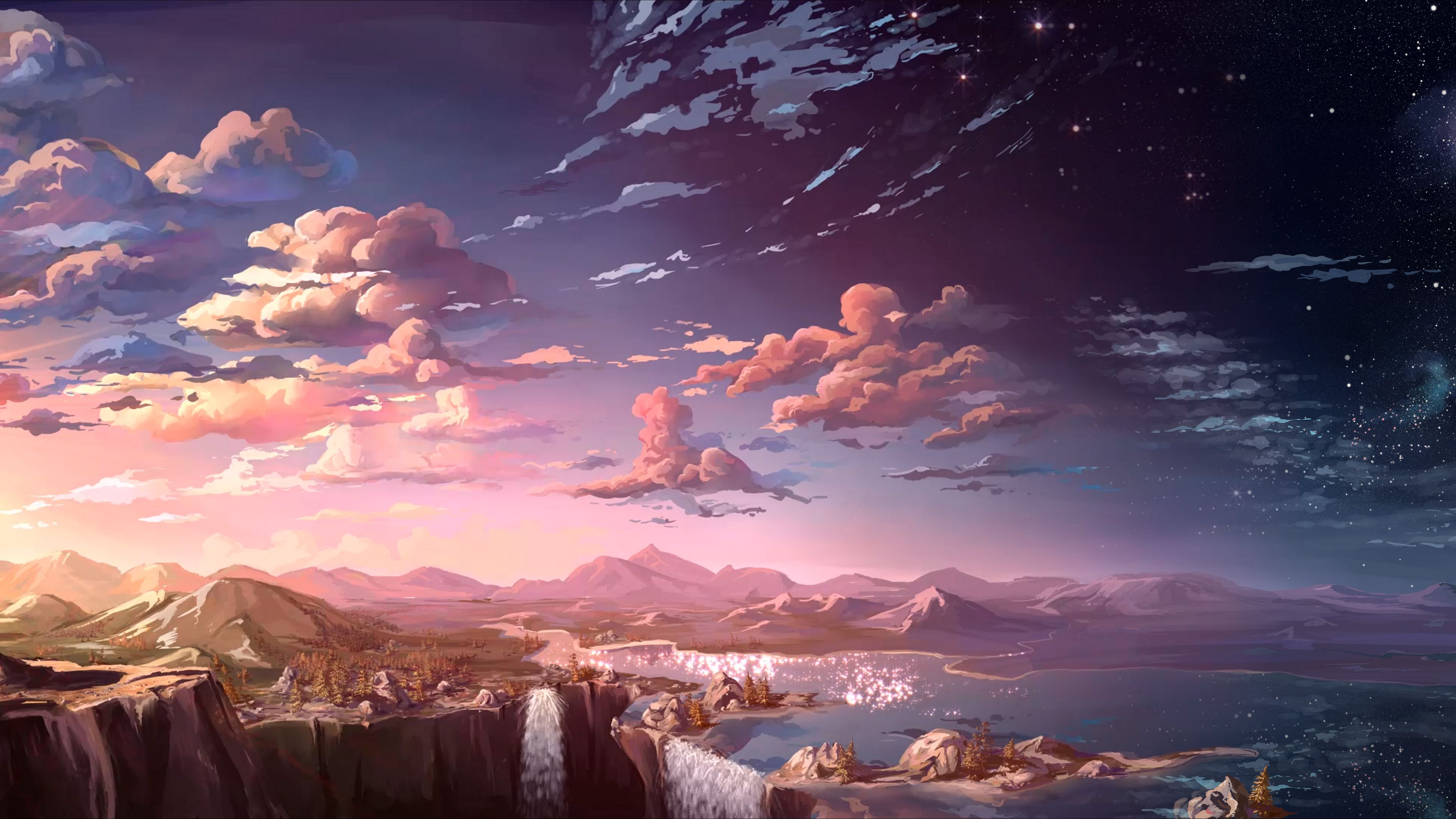 Download wallpaper 3840x2160 clouds, mountains, art, waterfalls, sky 4k uhd 16:9 HD background