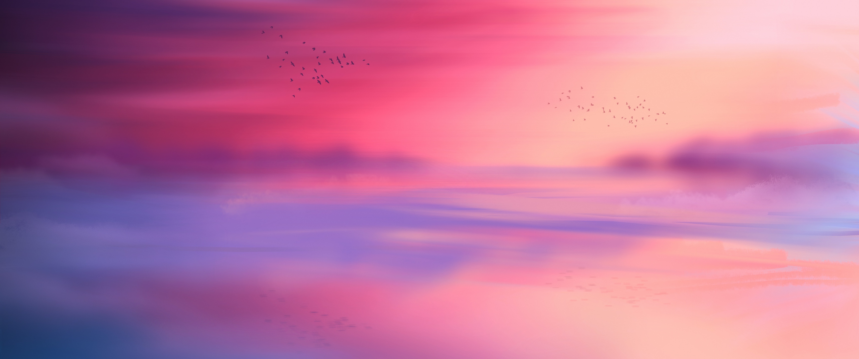 Pink sky Wallpaper 4K, Horizon, Scenic, Flying birds, Seascape, Sunset, Nature