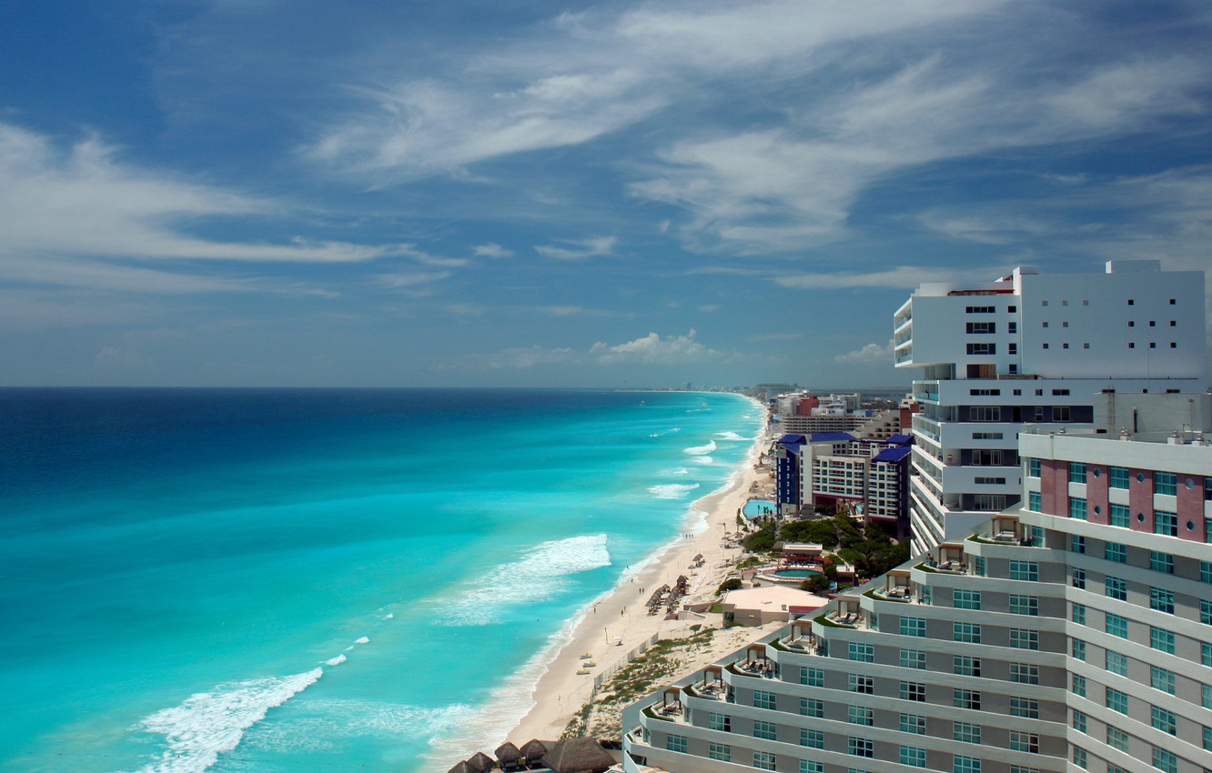 Wallpaper sand, sea, beach, the sky, clouds, coast, home, horizon, Mexico, Cancun, hotels image for desktop, section город