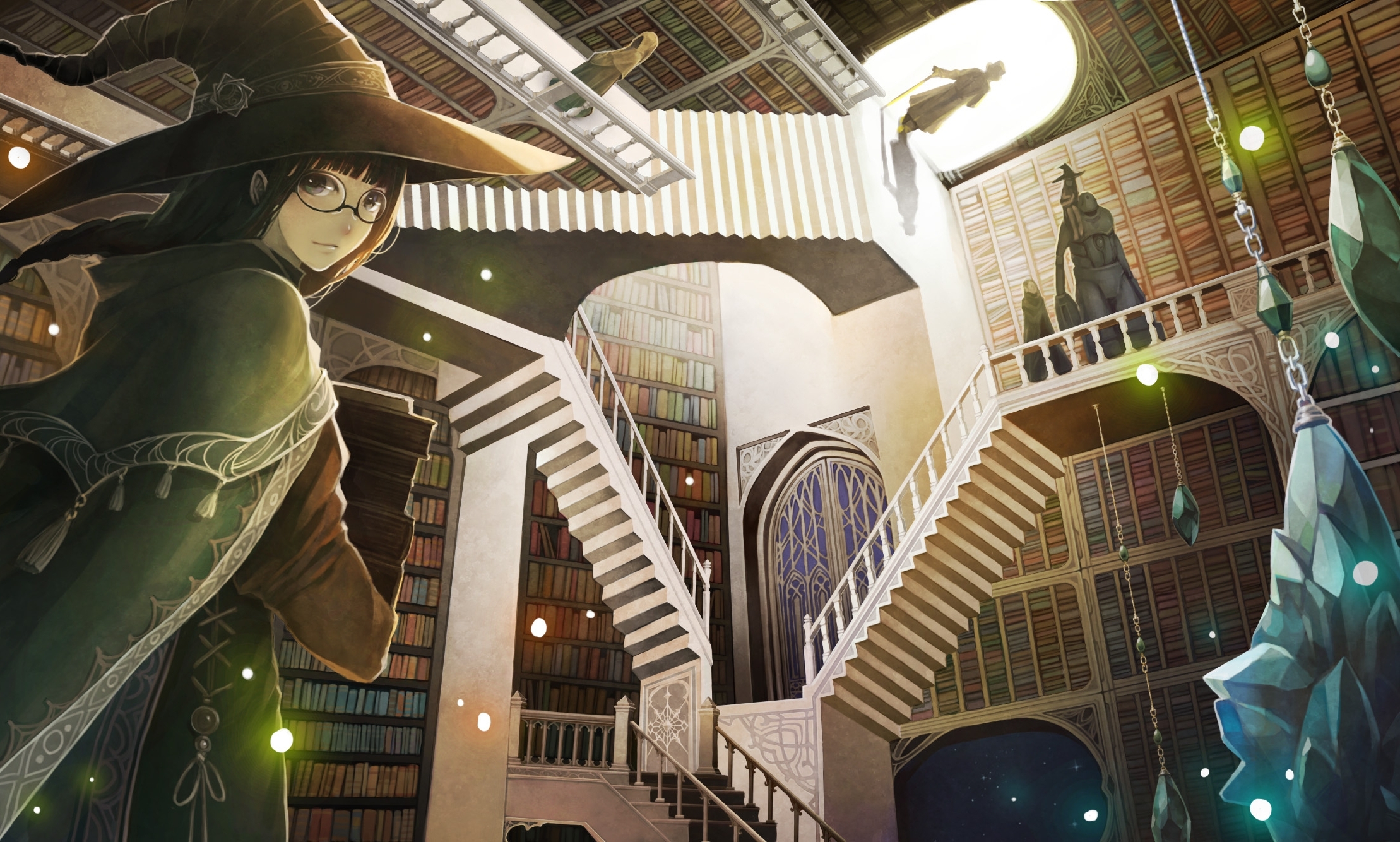 Wallpaper Anime Girl, Witch, Books, Fantasy, Library, Stairs:2218x1334